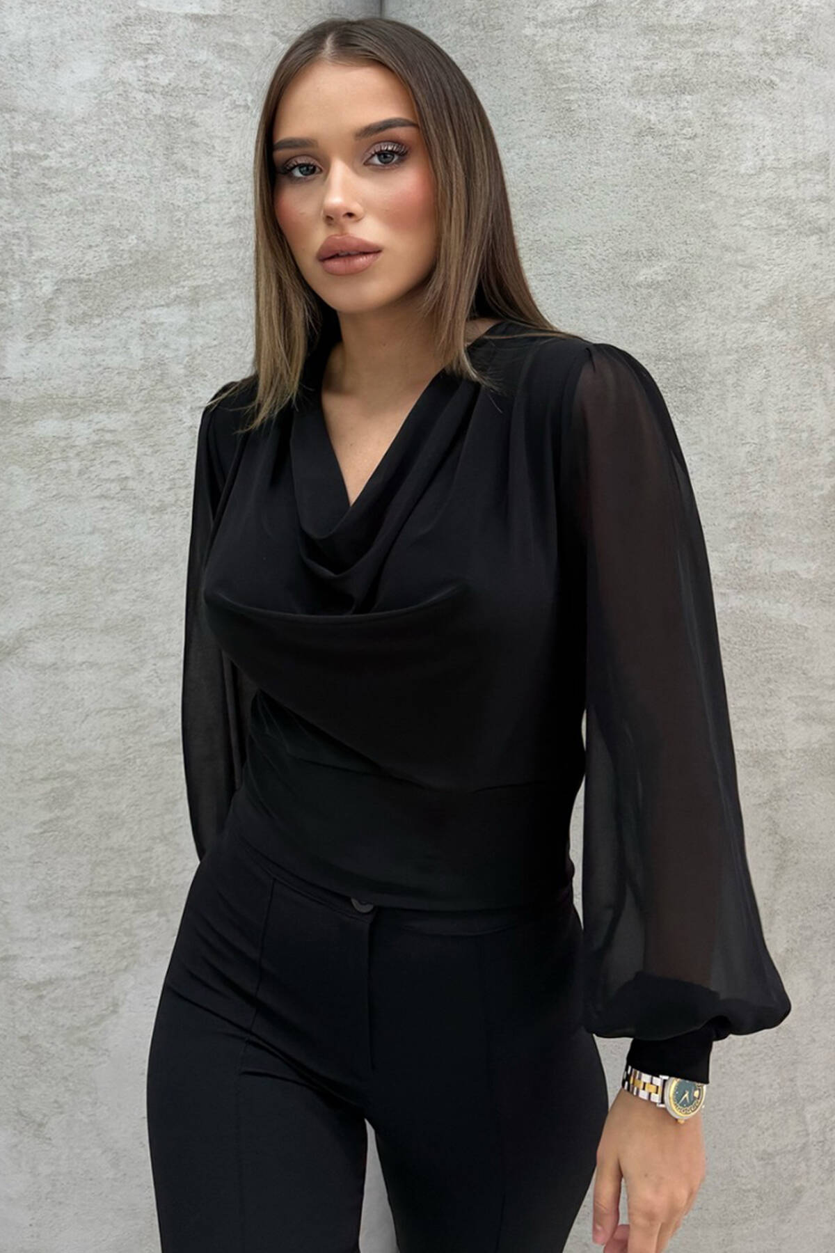 Siyah Uzun Kol Degaje Yaka Bluz 4202512.01 - Ardanewline