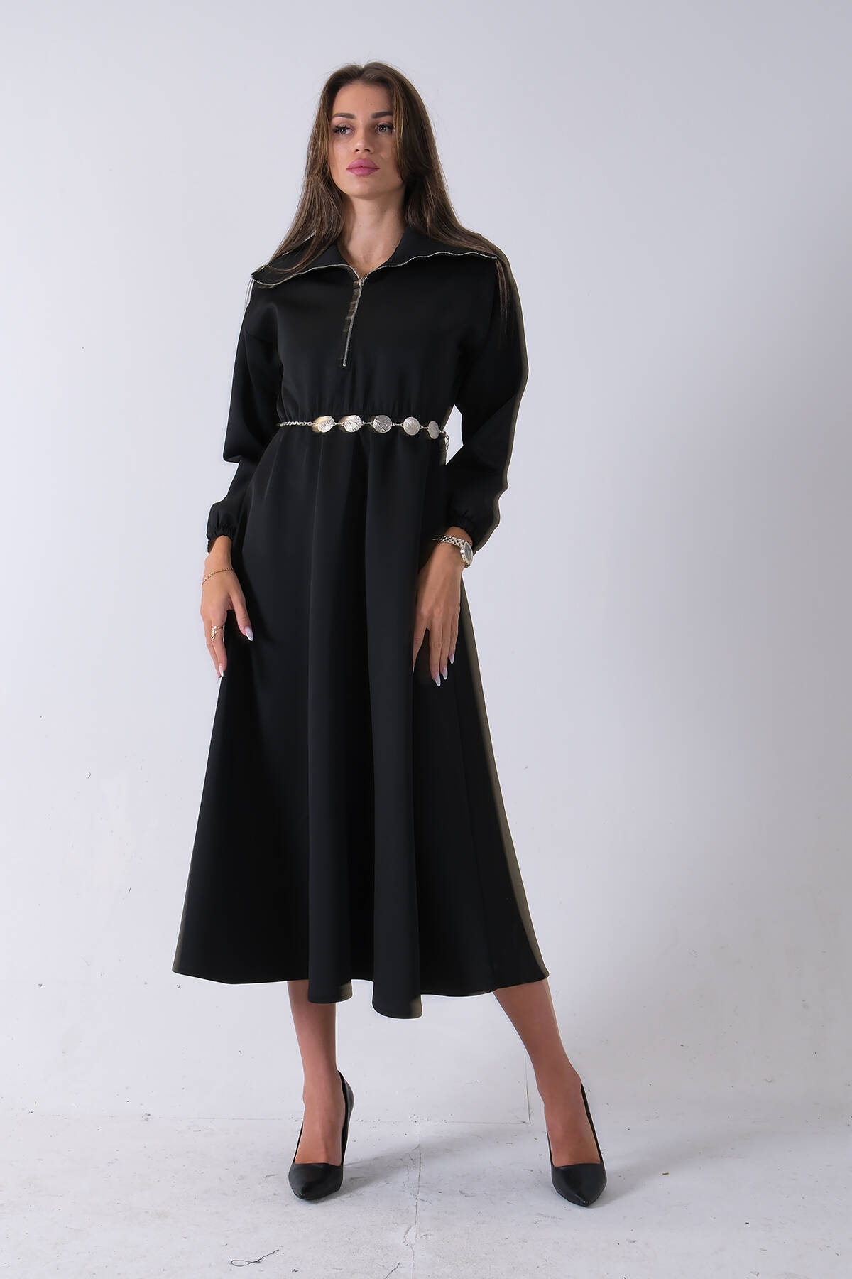 Siyah Yaka Fermuar Detaylı Bel ve Bileği Lastikli Kemerli Scuba Elbise 4593455.01 - Ardanewline (1)