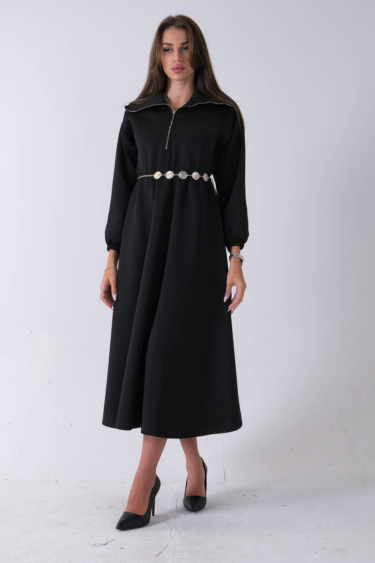 Siyah Yaka Fermuar Detaylı Bel ve Bileği Lastikli Kemerli Scuba Elbise 4593455.01 - Ardanewline