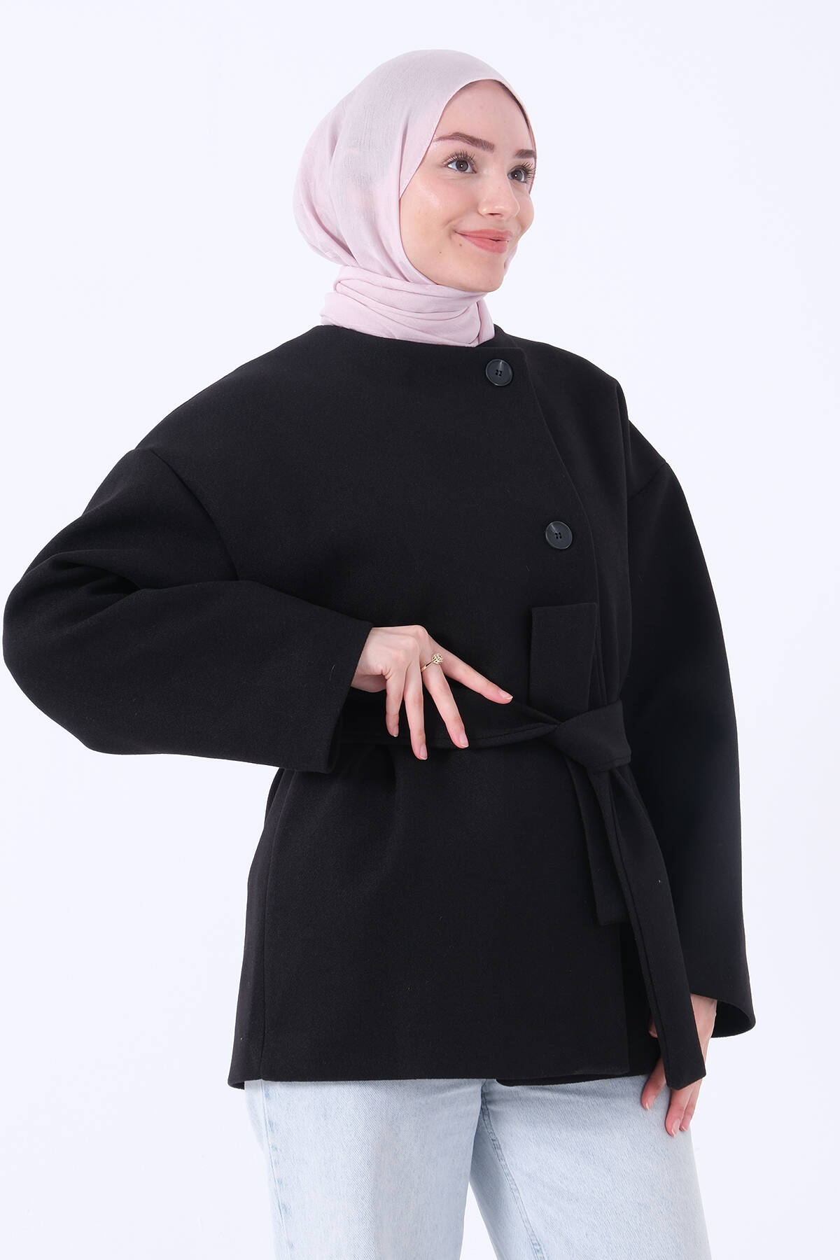 Siyah Yan Düğmeli Kemerli Kaşe Ceket 39712731.01 - Ardanewline
