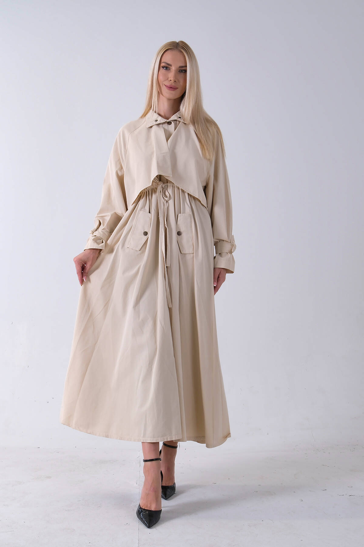 Taş Belden Bağlama Detaylı Yandan Cepli Uzun Trenç 422237.50 - Ardanewline (1)