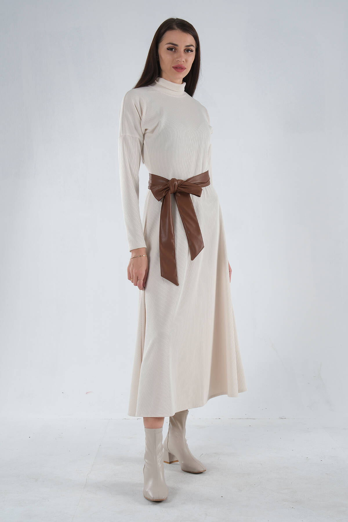 Taş Beli Kemerli Örme Elbise 0104030.50 - Ardanewline (1)