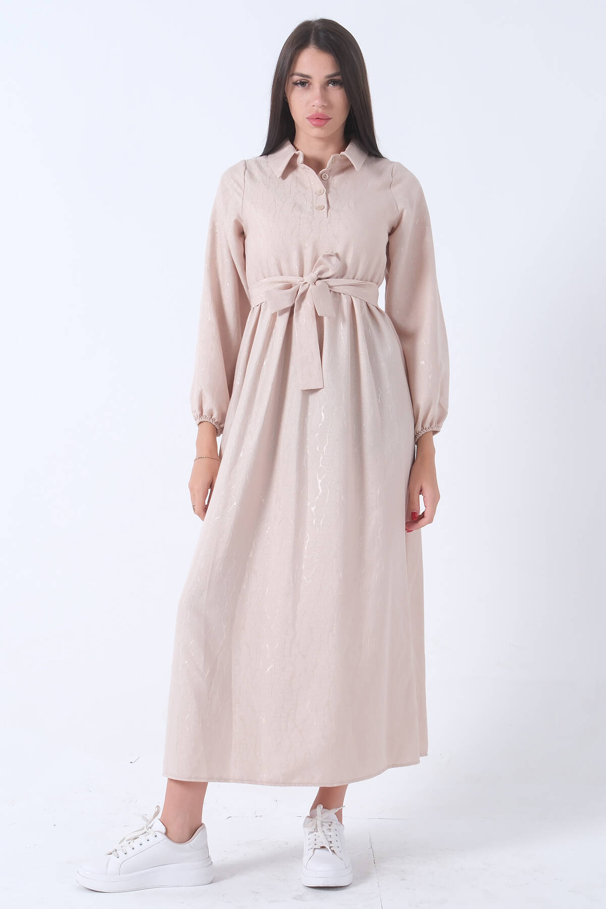 Taş Beli Lastikli Gömlek Yaka Kuşaklı Tesettür Elbise 4593296.50 - Ardanewline