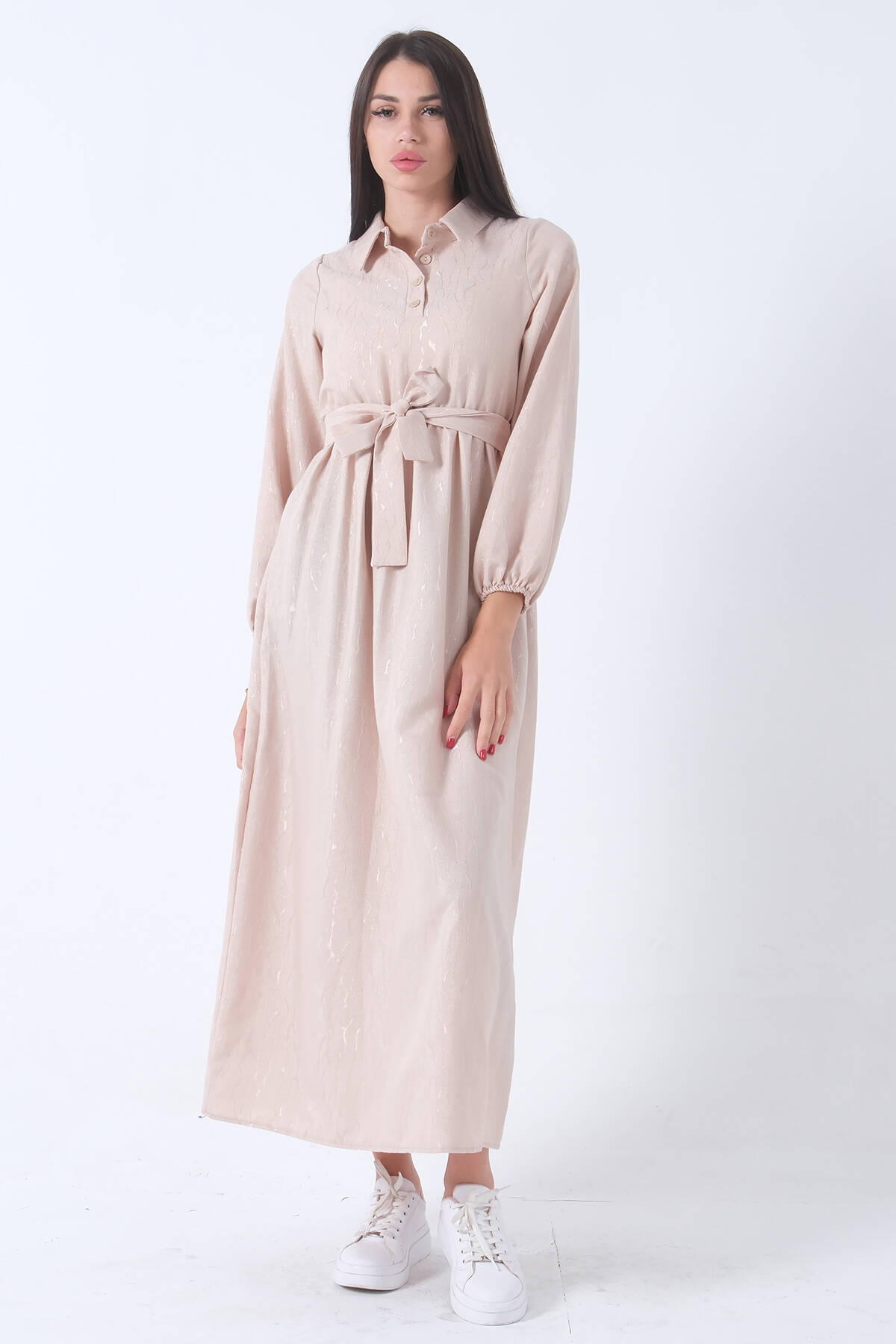 Taş Beli Lastikli Gömlek Yaka Kuşaklı Tesettür Elbise 4593296.50 - Ardanewline (1)