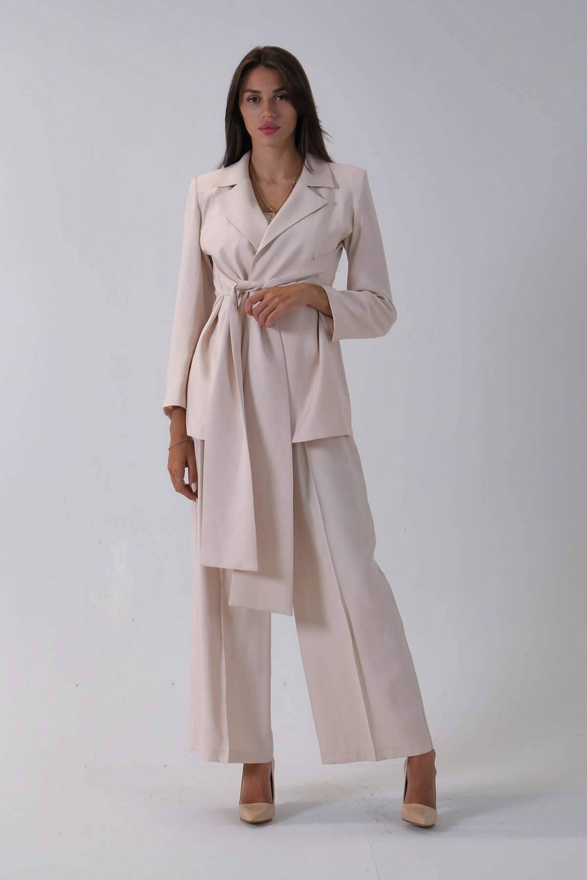 Taş Ceket Kuşak Bağlama Detaylı Pantolonlu Takım 0106327.50 - Ardanewline