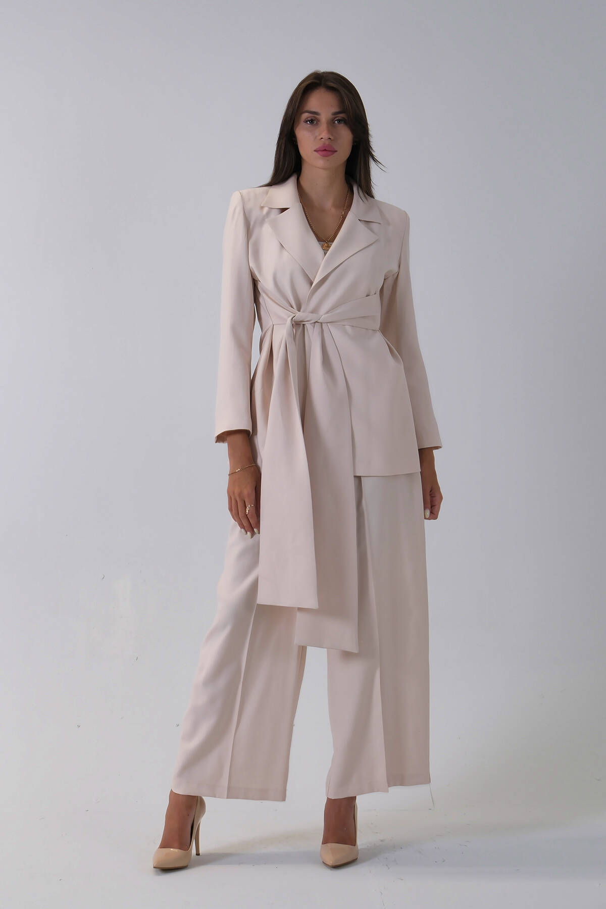 Taş Ceket Kuşak Bağlama Detaylı Pantolonlu Takım 0106327.50 - Ardanewline (1)