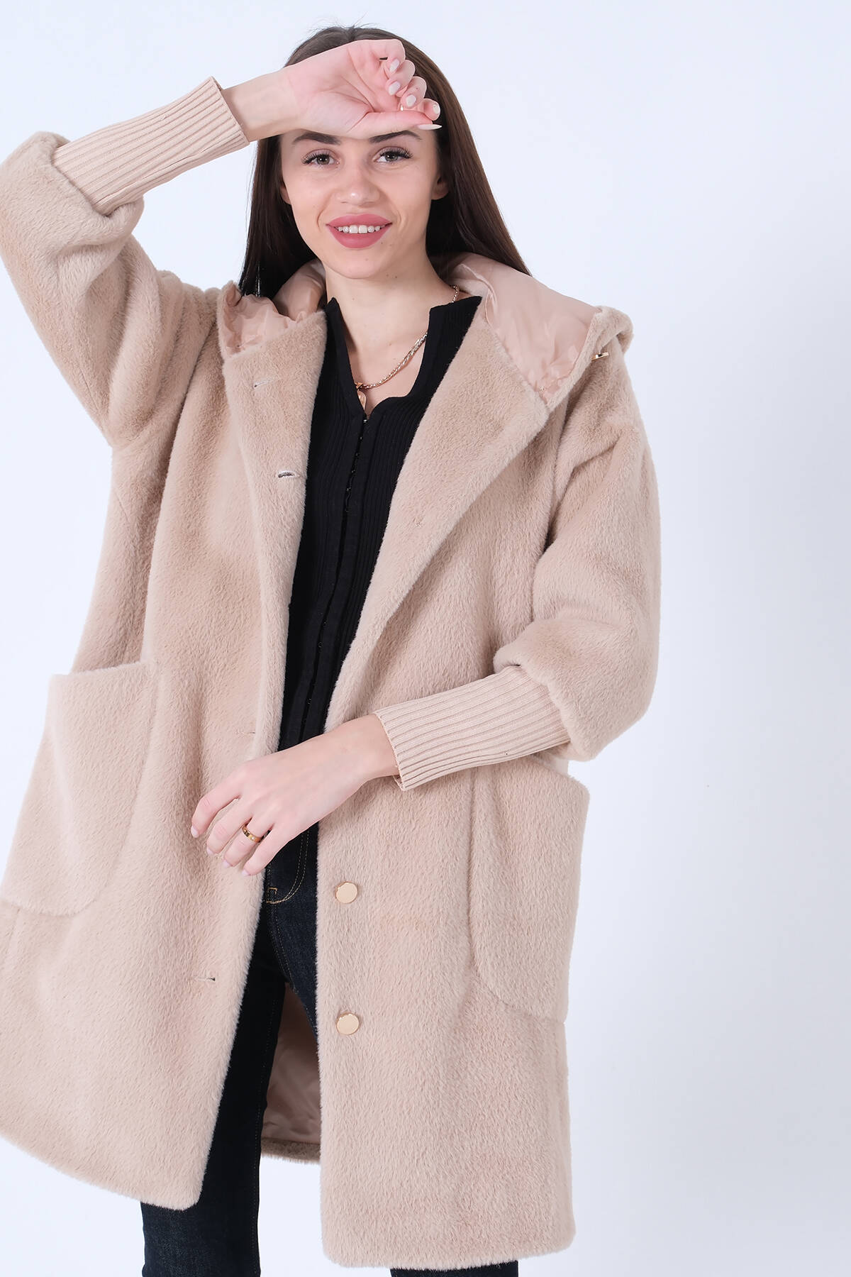 Taş Gold Düğmeli Kapüşonlu Yün Peluş Kaban 44510388.50 - Ardanewline