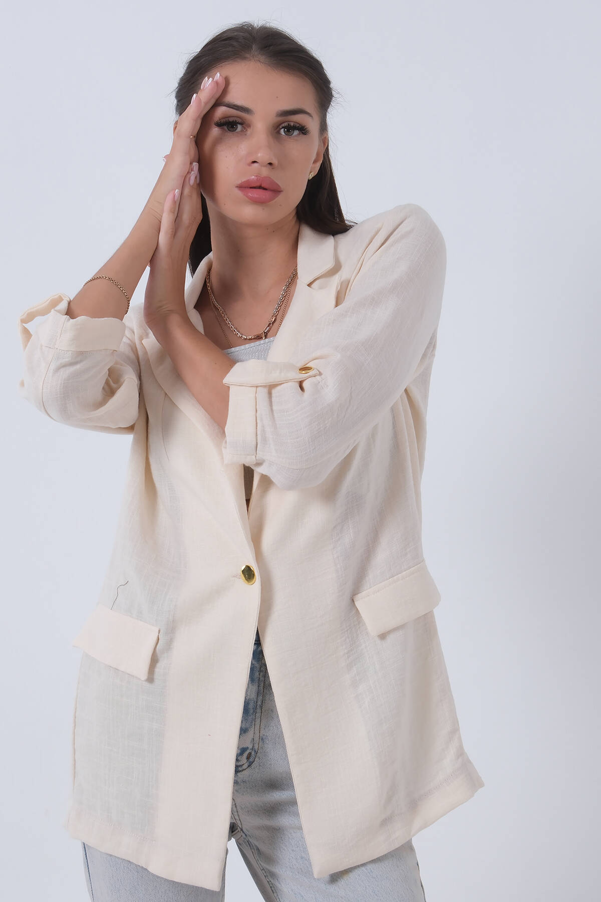 Taş Kolları Düğme Toparlamalı Keten Ceket 01051361.50 - Ardanewline