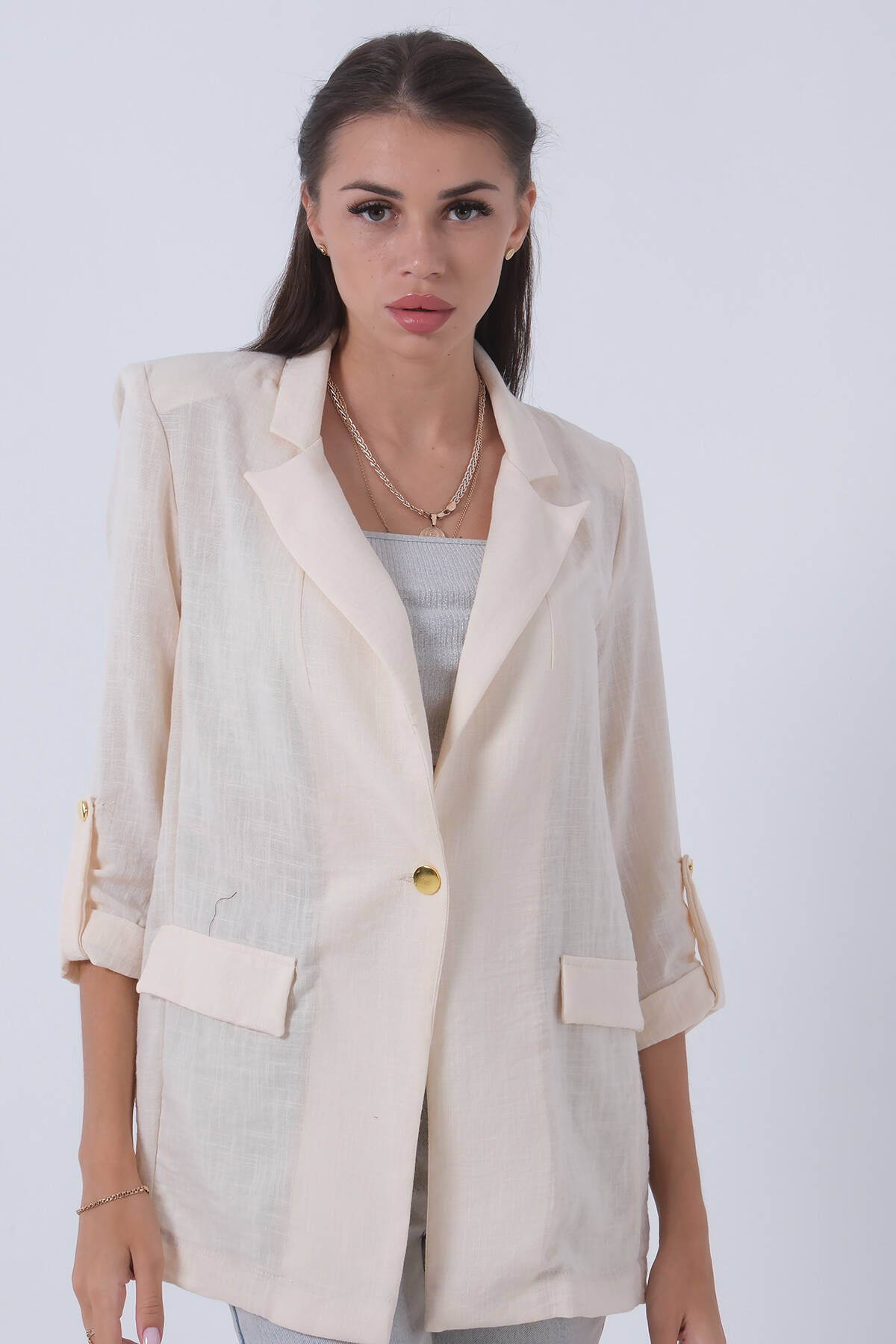 Taş Kolları Düğme Toparlamalı Keten Ceket 01051361.50 - Ardanewline (1)