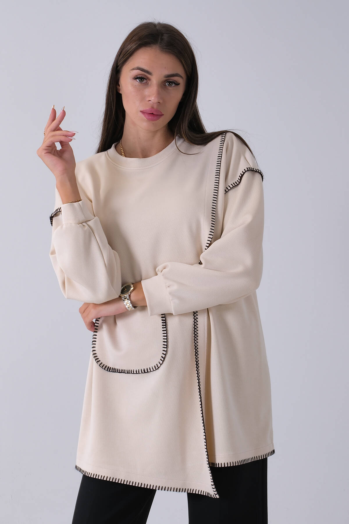 Taş Önü Kanguru Cep Detaylı Çizgi Dikişli Bisiklet Yaka Tunik 940170263.50 - Ardanewline (1)