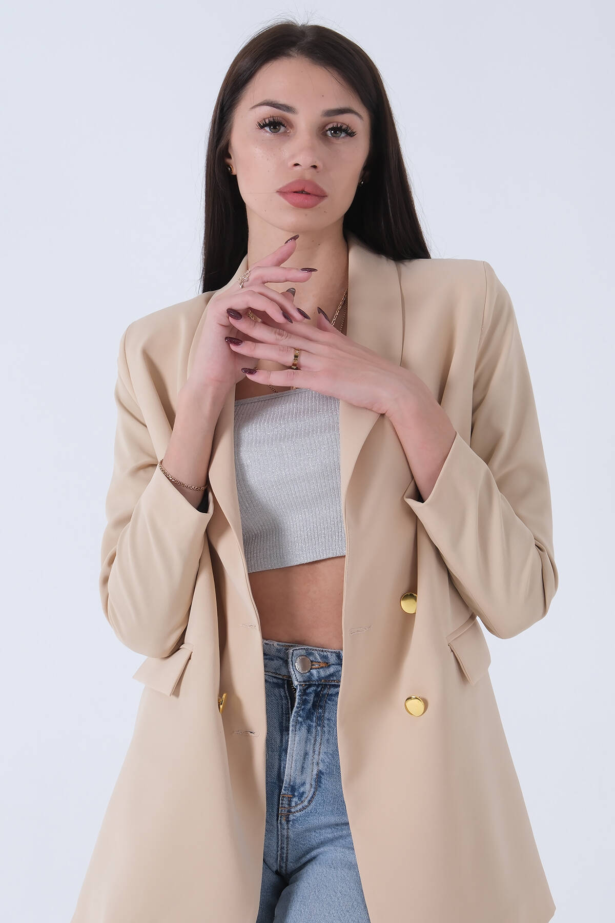 Taş Şal Yaka Gold Metal Düğmeli Tek Ceket 0105137.50 - Ardanewline