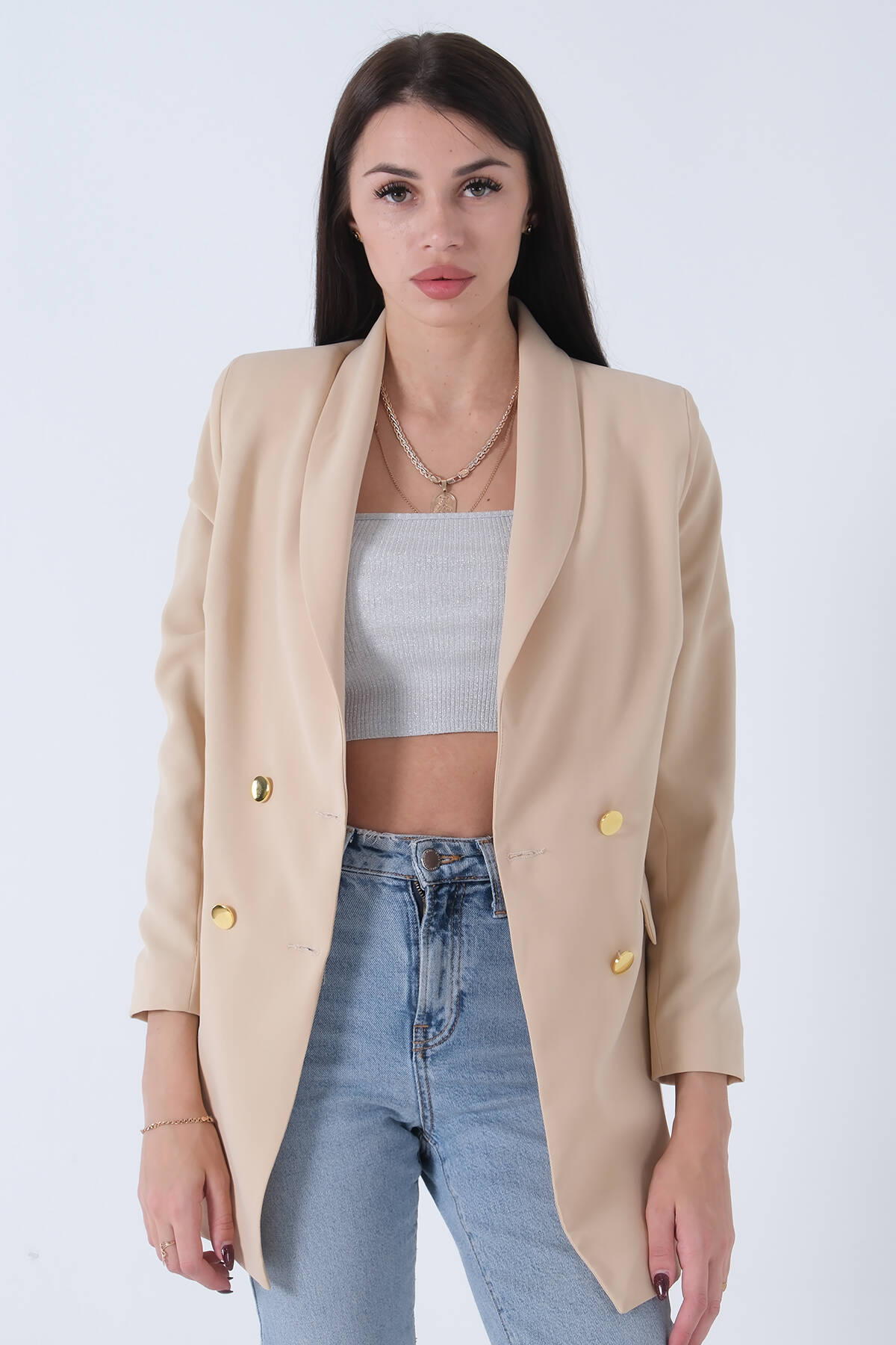 Taş Şal Yaka Gold Metal Düğmeli Tek Ceket 0105137.50 - Ardanewline (1)