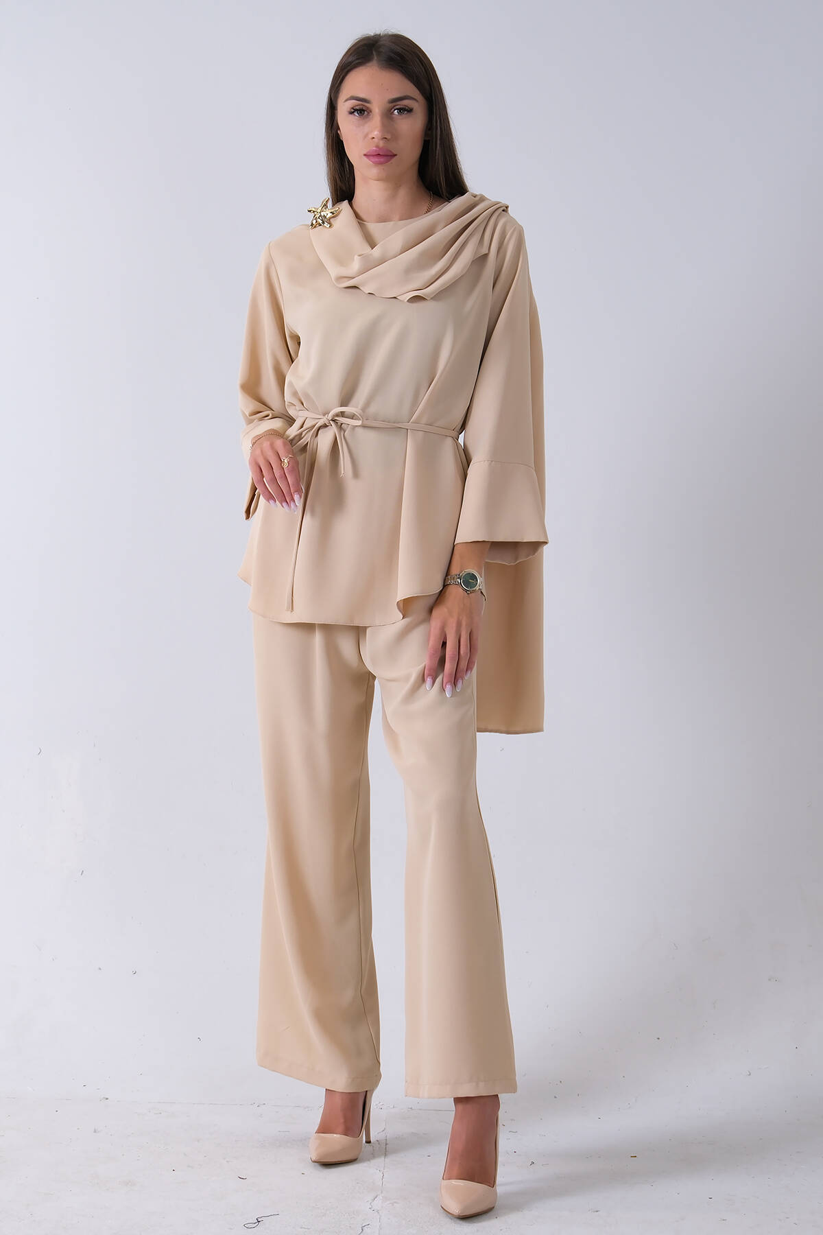 Taş Şal Yaka Üzeri Broş Detaylı Pantolonlu Takım 4592270.50 - Ardanewline