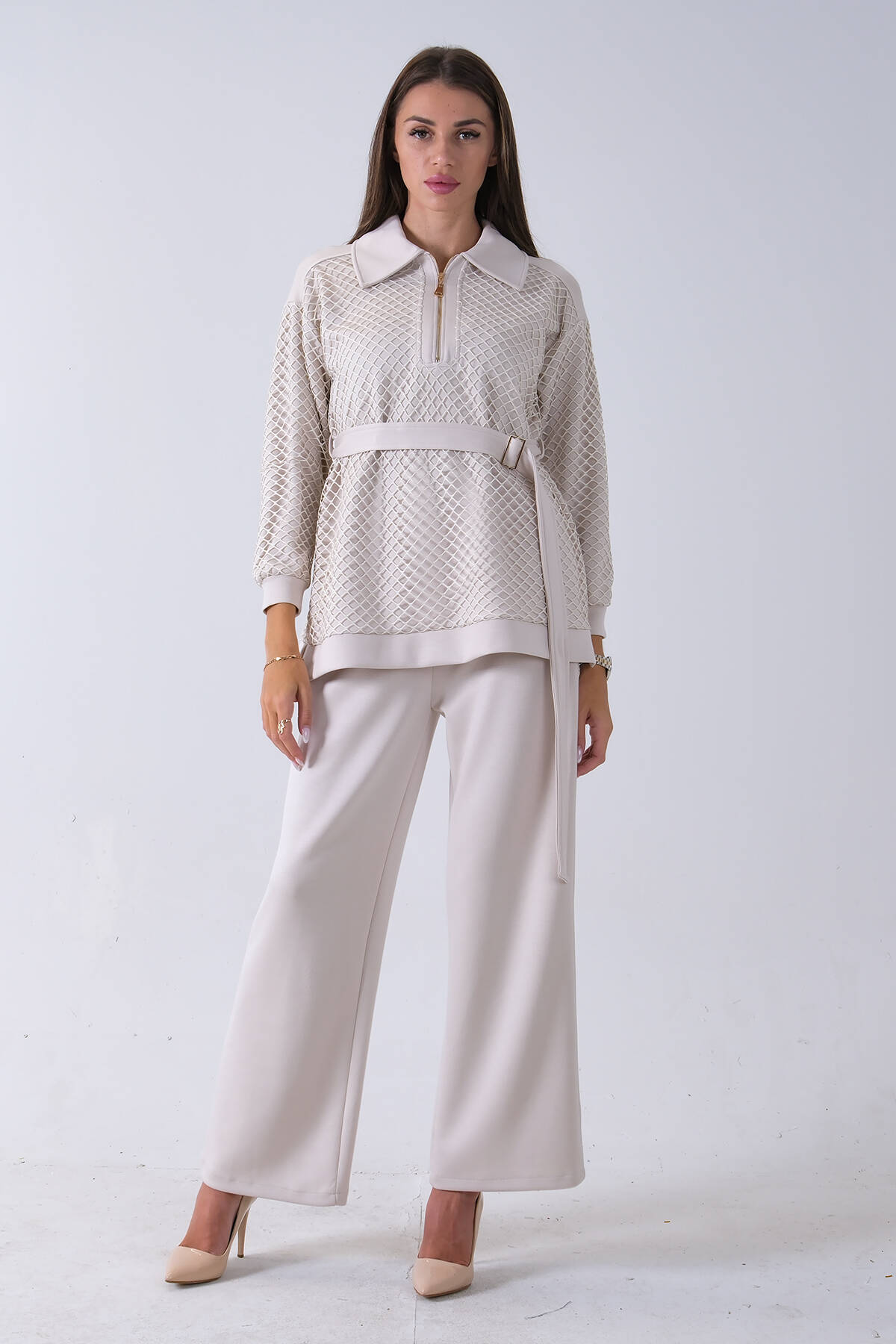 Taş Tunik Yaka Fermuar Kapamalı File Detaylı Pantolonlu Takım 4577283.50 - Ardanewline