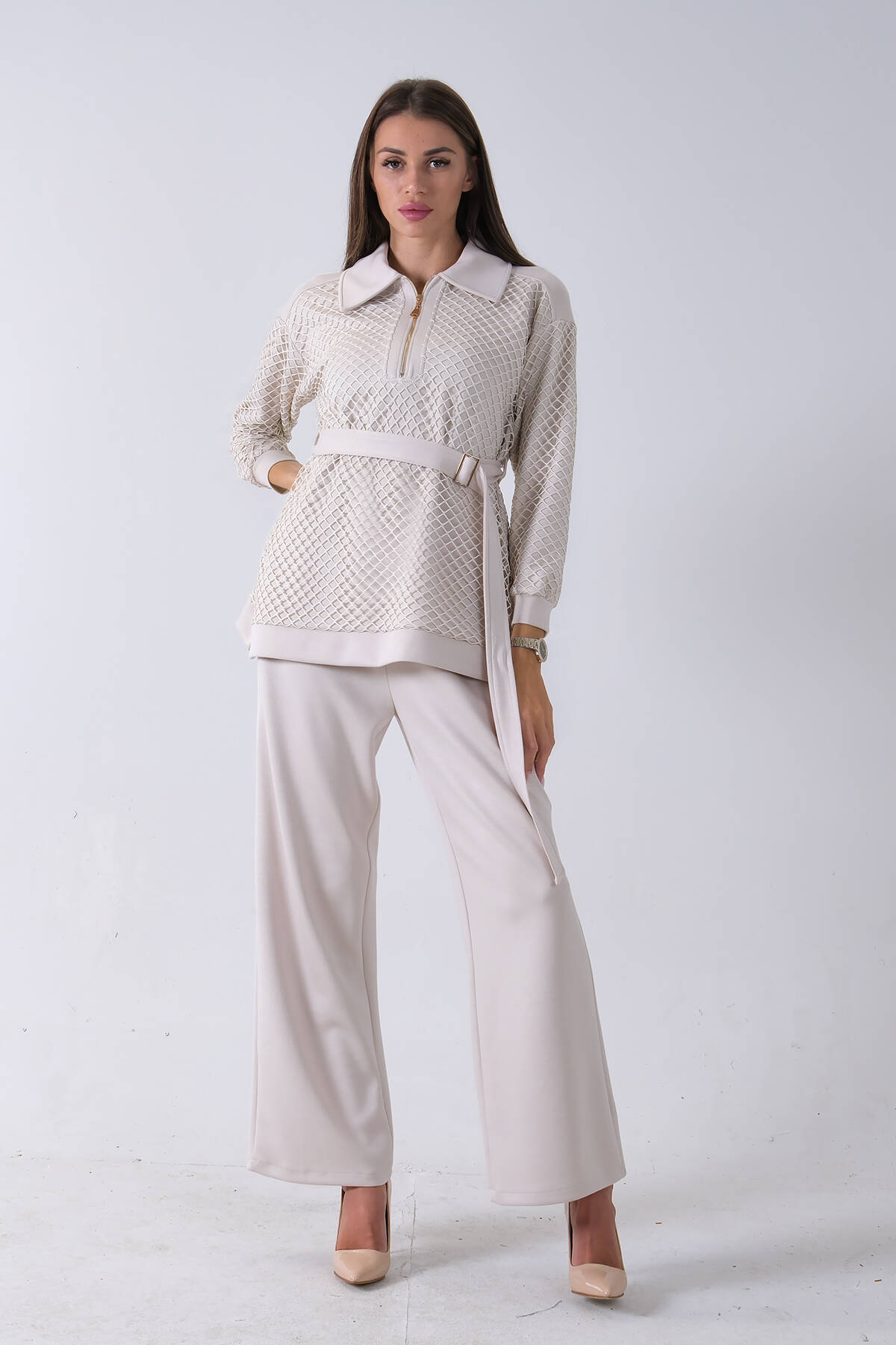 Taş Tunik Yaka Fermuar Kapamalı File Detaylı Pantolonlu Takım 4577283.50 - Ardanewline (1)