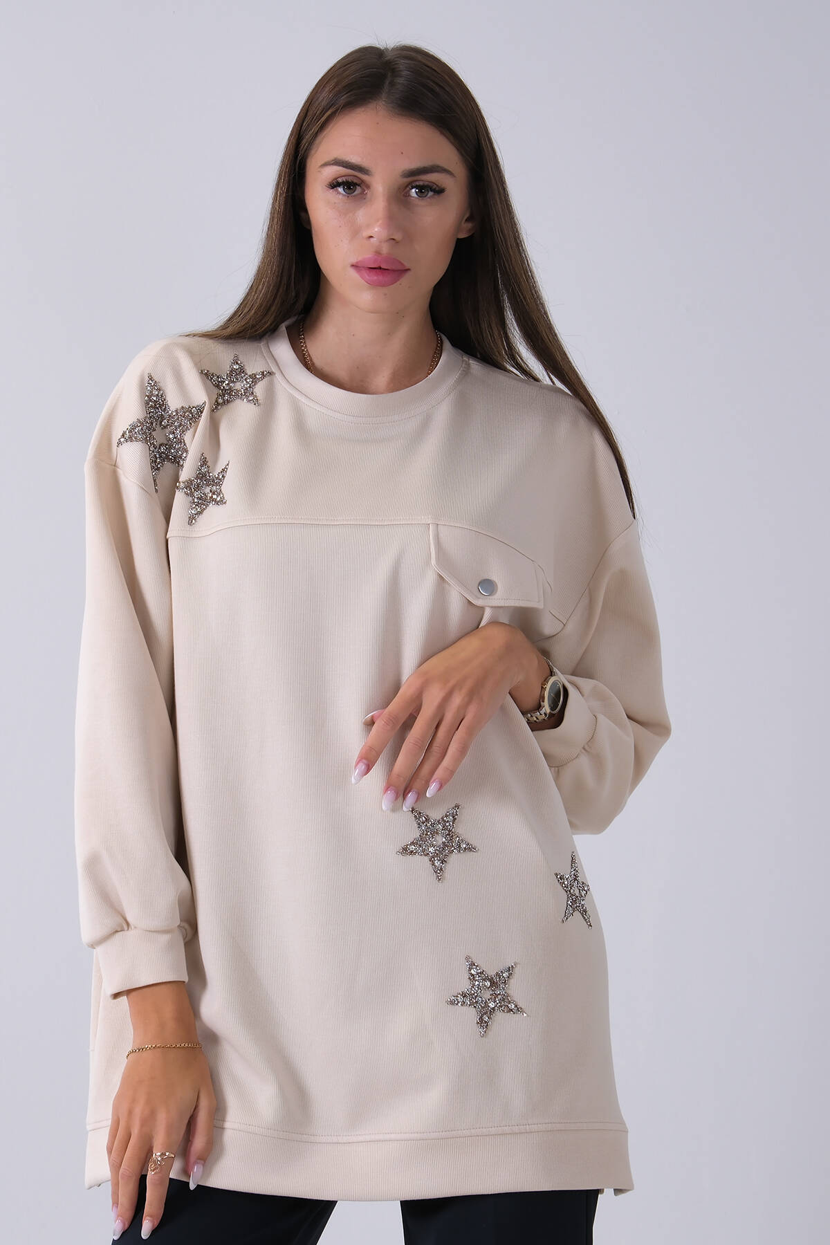 Taş Üzeri Yıldız Desenli Taş İşlemeli Cep Görünümülü Tunik 940170258.50 - Ardanewline (1)