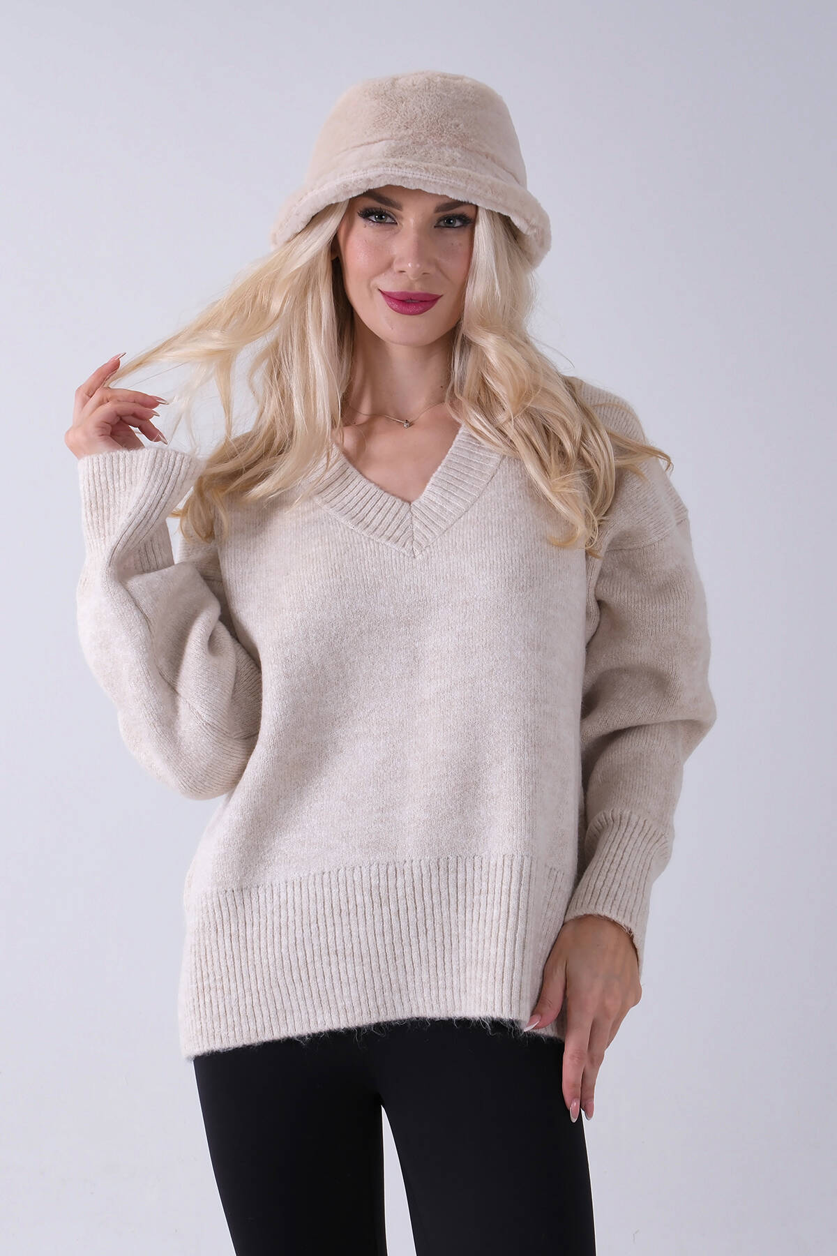 Taş V Yaka Beli Lastikli Triko Kazak 46892623.50 - Ardanewline