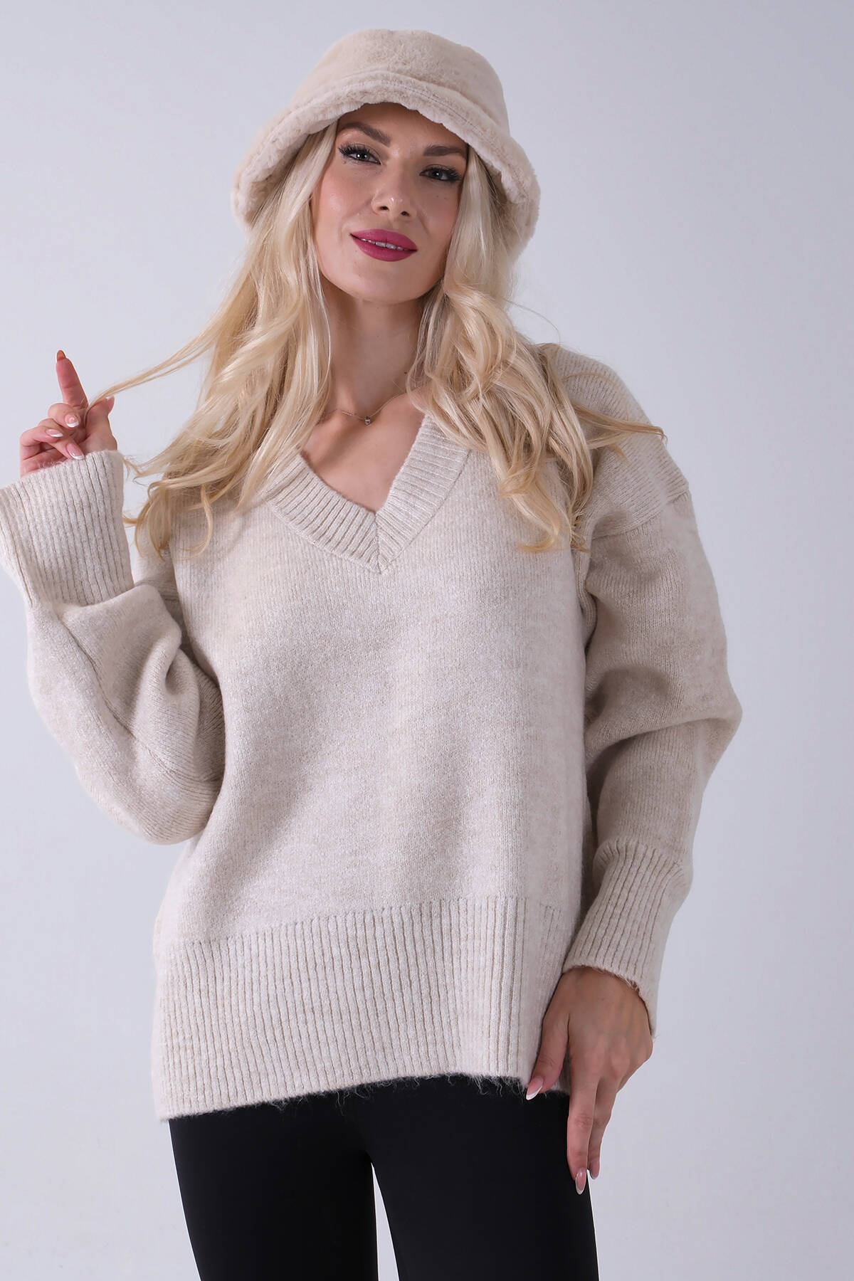 Taş V Yaka Beli Lastikli Triko Kazak 46892623.50 - Ardanewline (1)