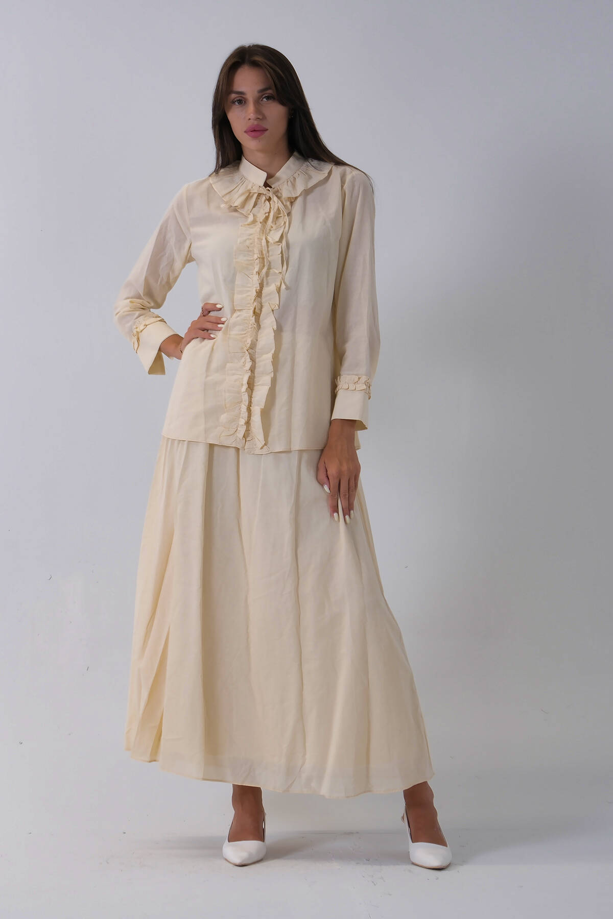 Taş Yaka ve Bilek Fırfır Detaylı Etekli Takım 4592246.50 - Ardanewline