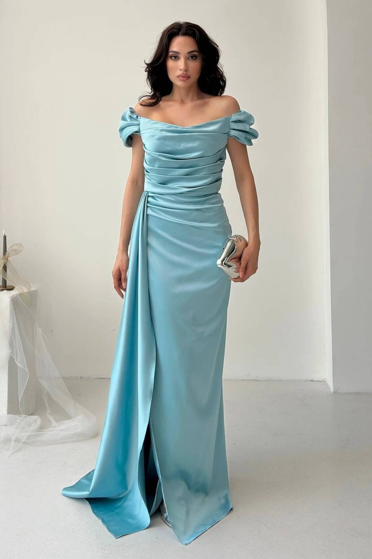 Turkuaz Drape Detaylı Saten Kumaş Abiye Elbise 9704858.14 - Ardanewline