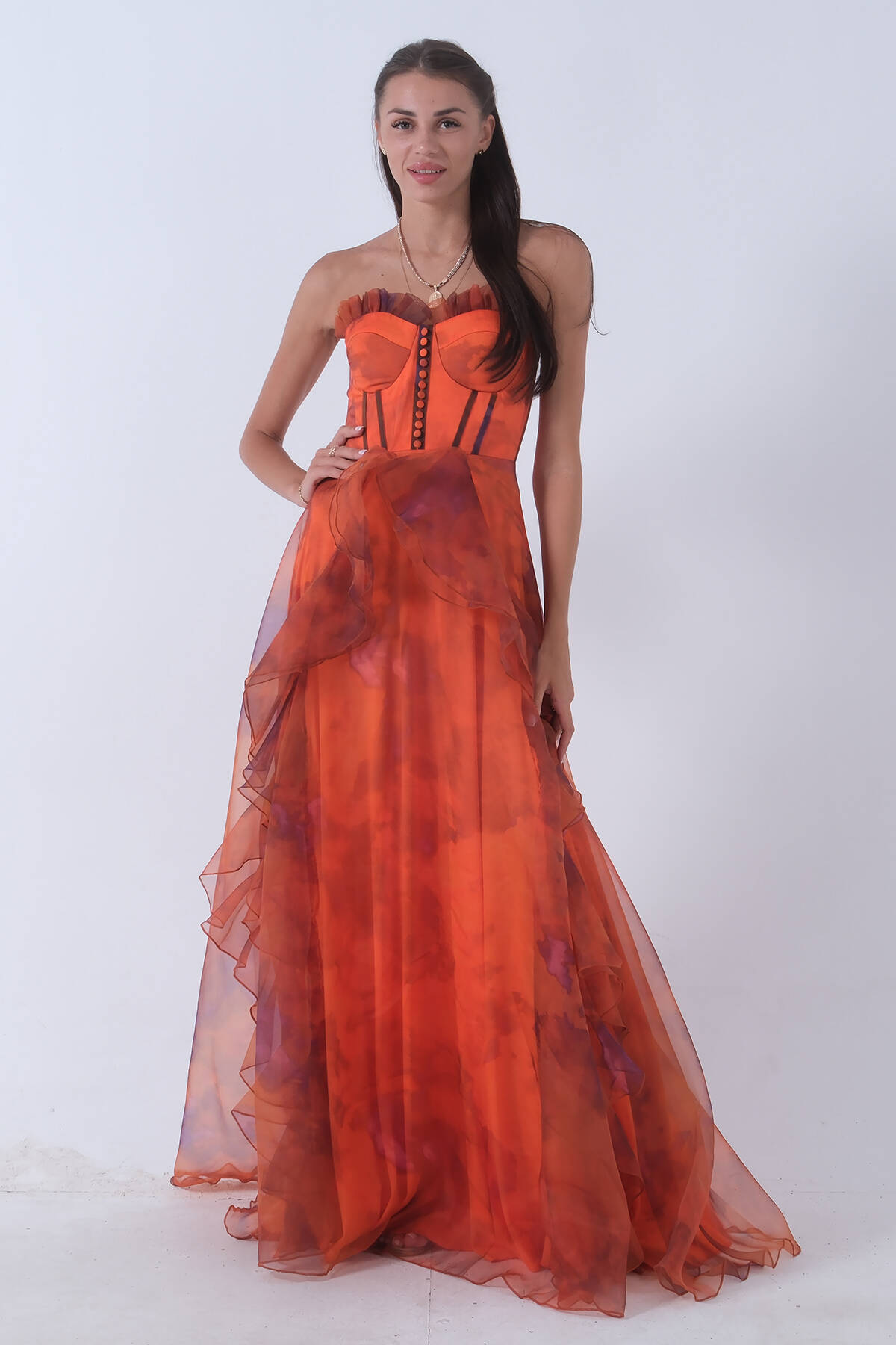 Turuncu Straplez Yaka Yırtmaçlı Eteği Fırfırlı Abiye 9705163.347 - Ardanewline