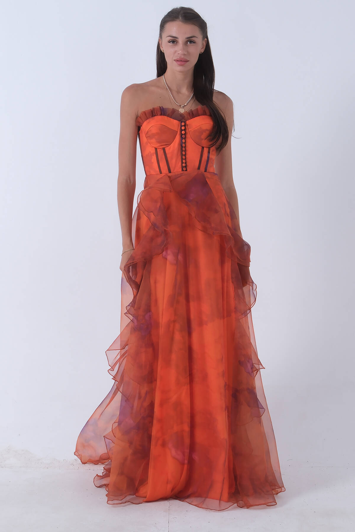 Turuncu Straplez Yaka Yırtmaçlı Eteği Fırfırlı Abiye 9705163.347 - Ardanewline (1)