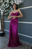 Violet Straplez Drape Detaylı Yırtmaçlı Saten Kumaş Abiye Elbise 1607209.273 - 3