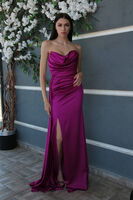 Violet Straplez Drape Detaylı Yırtmaçlı Saten Kumaş Abiye Elbise 1607209.273 - 5