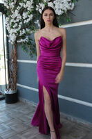 Violet Straplez Drape Detaylı Yırtmaçlı Saten Kumaş Abiye Elbise 1607209.273 - 7