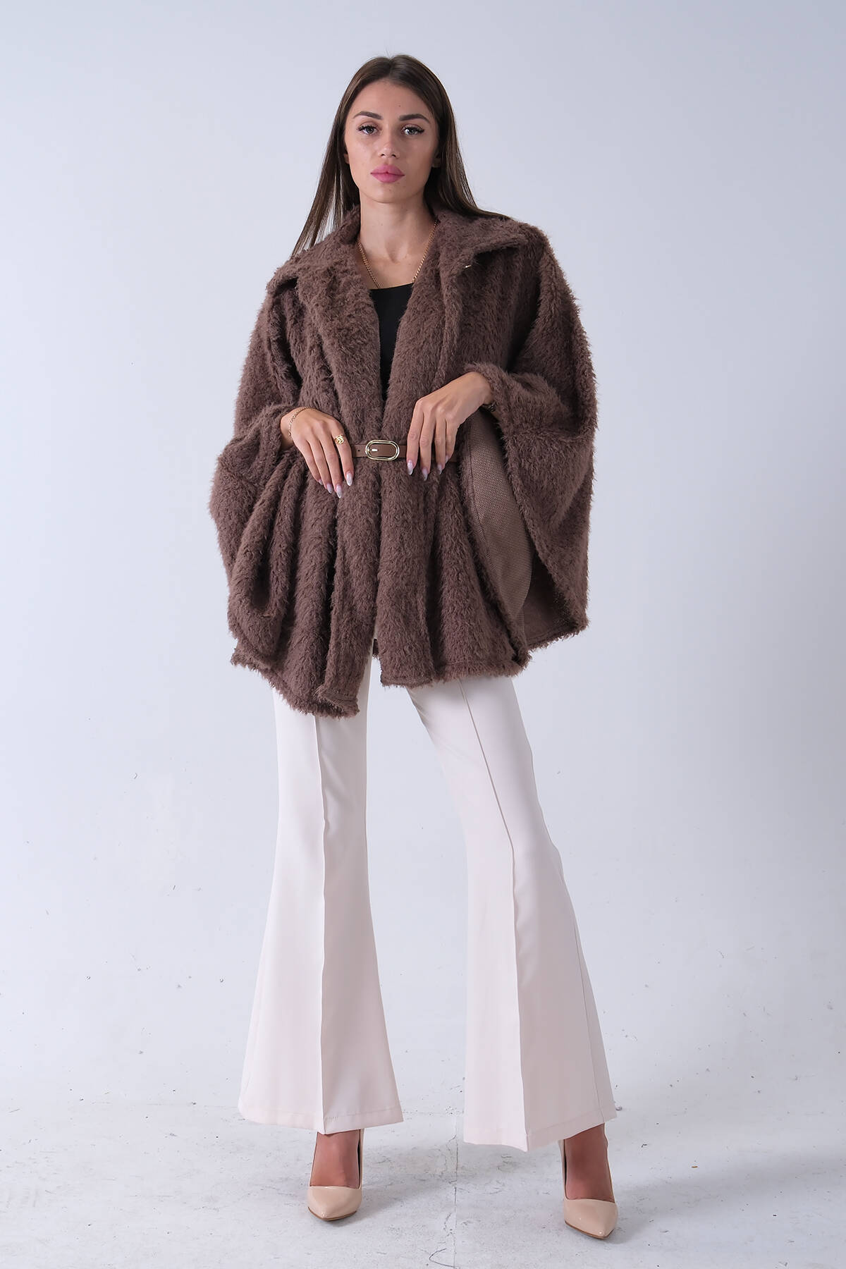 Vizon Tek Düğme Kapamalı Kemerli Yün Peluş Ceket 940140183.34 - Ardanewline (1)