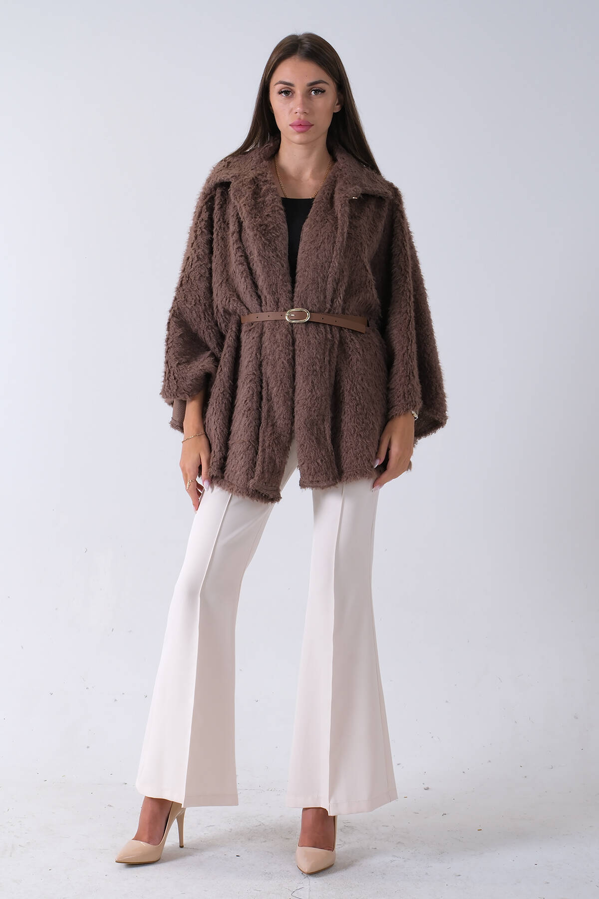 Vizon Tek Düğme Kapamalı Kemerli Yün Peluş Ceket 940140183.34 - Ardanewline