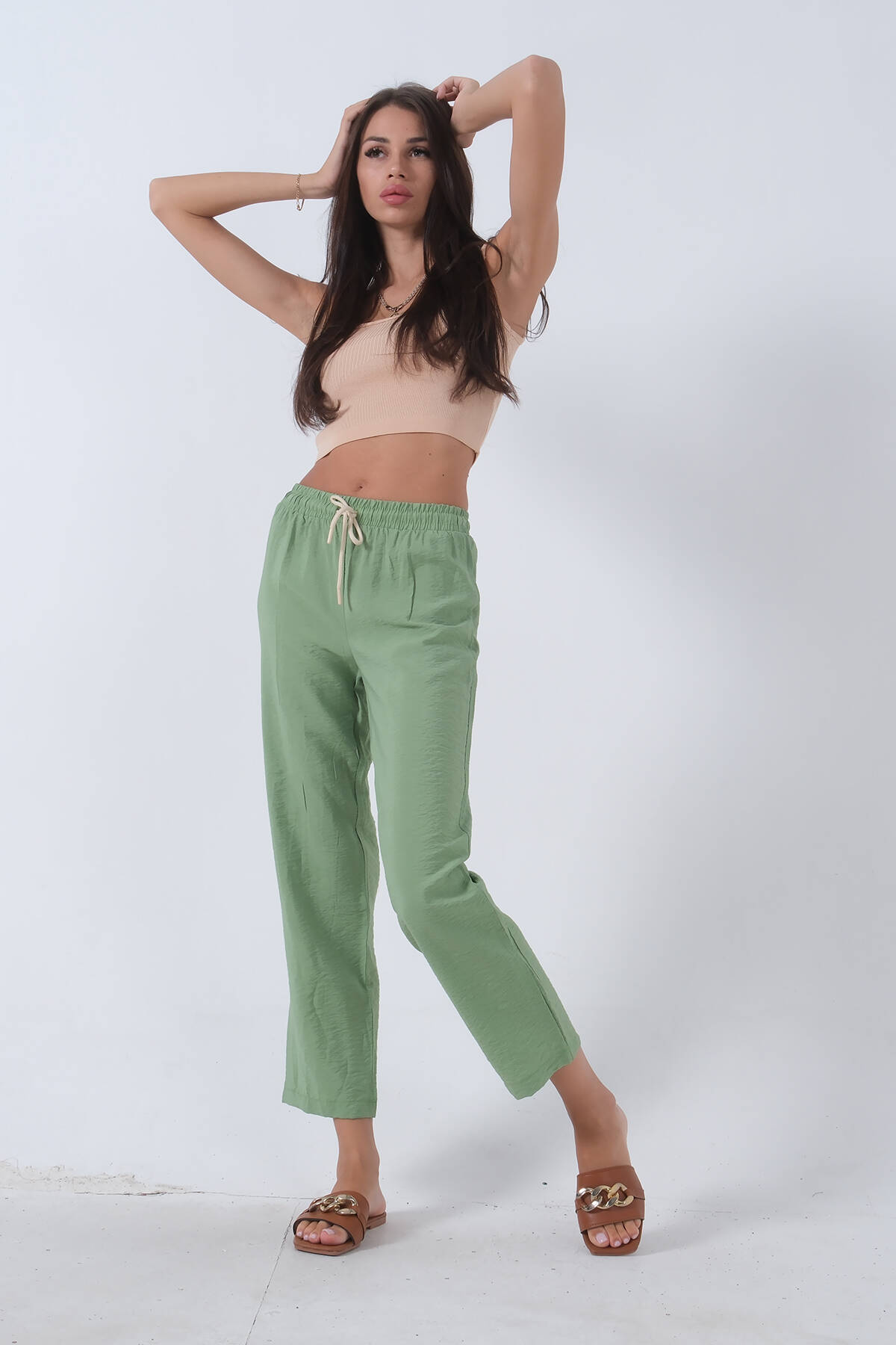 Yeşil Belden Bağlamalı Lastikli Keten Pantolon 0803447.07 - Ardanewline