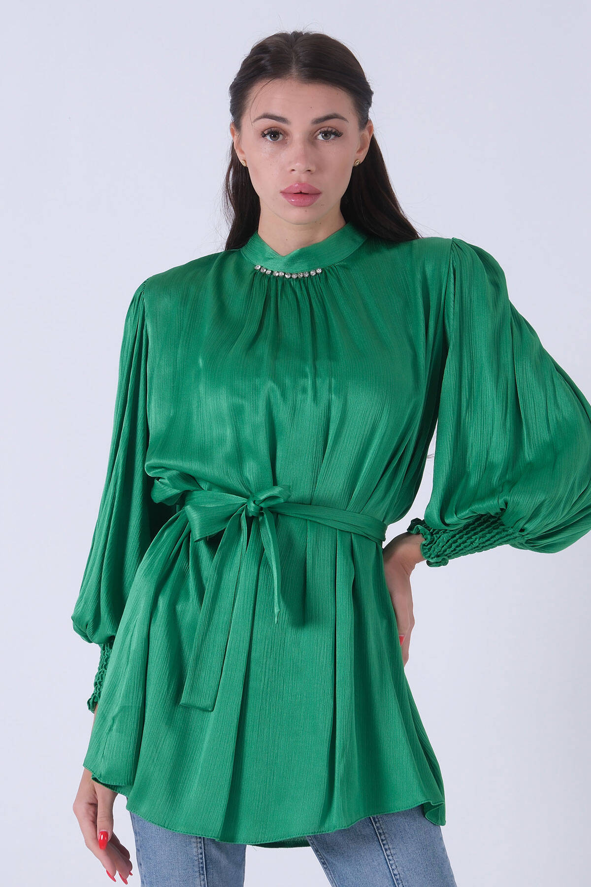 Yeşil Belden Bağlamalı Yakası Taşlı Tunik 45951971.07 - Ardanewline