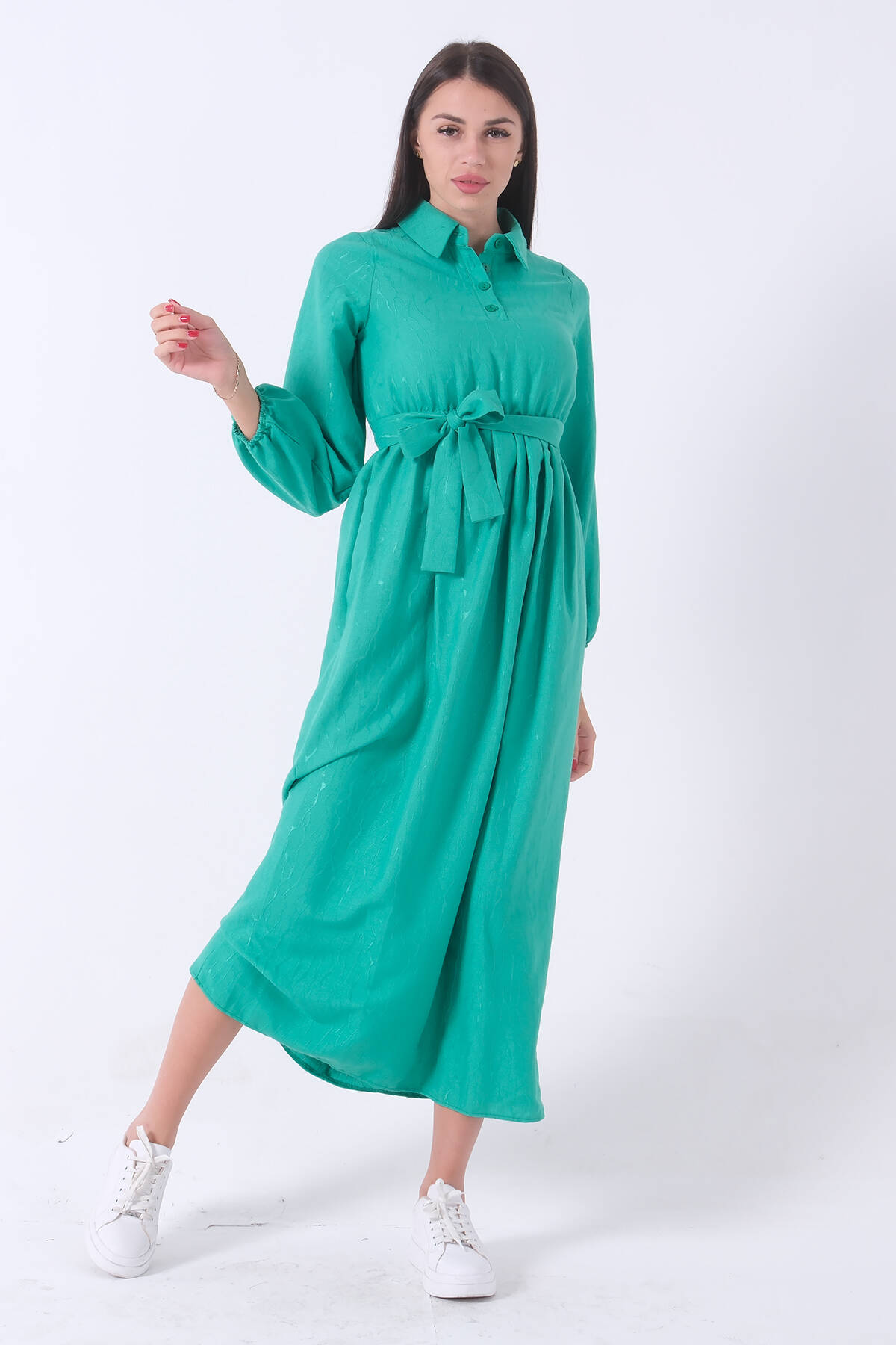 Yeşil Beli Lastikli Gömlek Yaka Kuşaklı Tesettür Elbise 4593296.07 - Ardanewline
