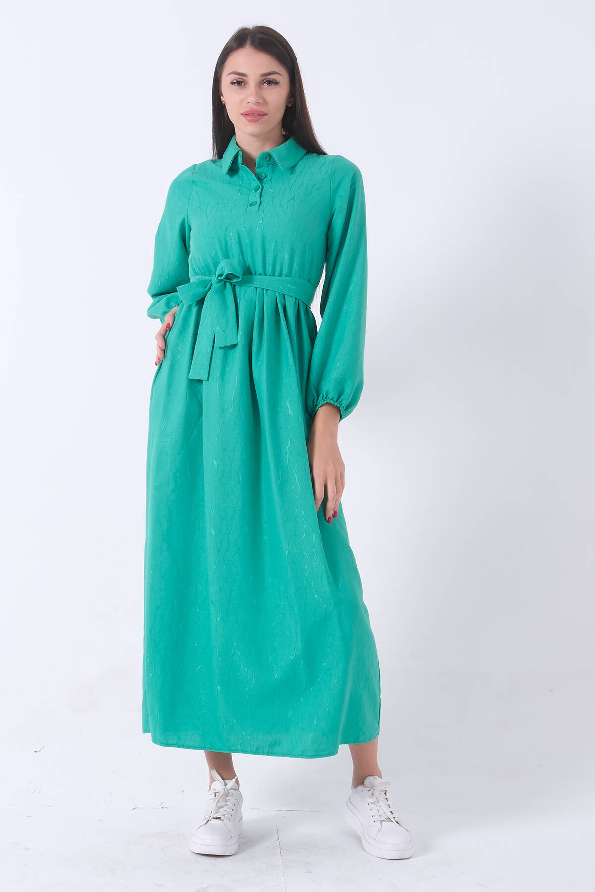 Yeşil Beli Lastikli Gömlek Yaka Kuşaklı Tesettür Elbise 4593296.07 - Ardanewline (1)