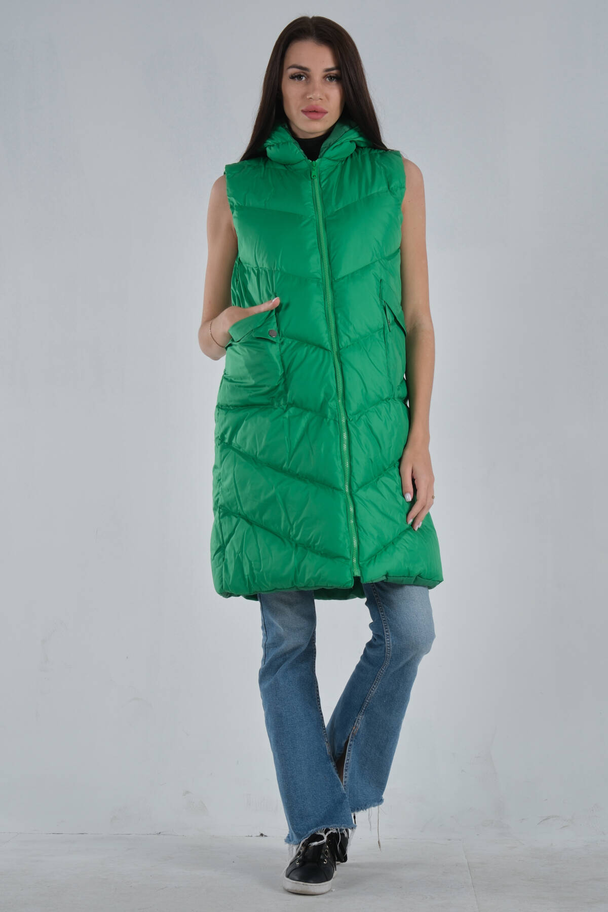 Yeşil Çift Cepli Kapüşonlu Dolum Şişme Yelek 31070145.07 - Ardanewline