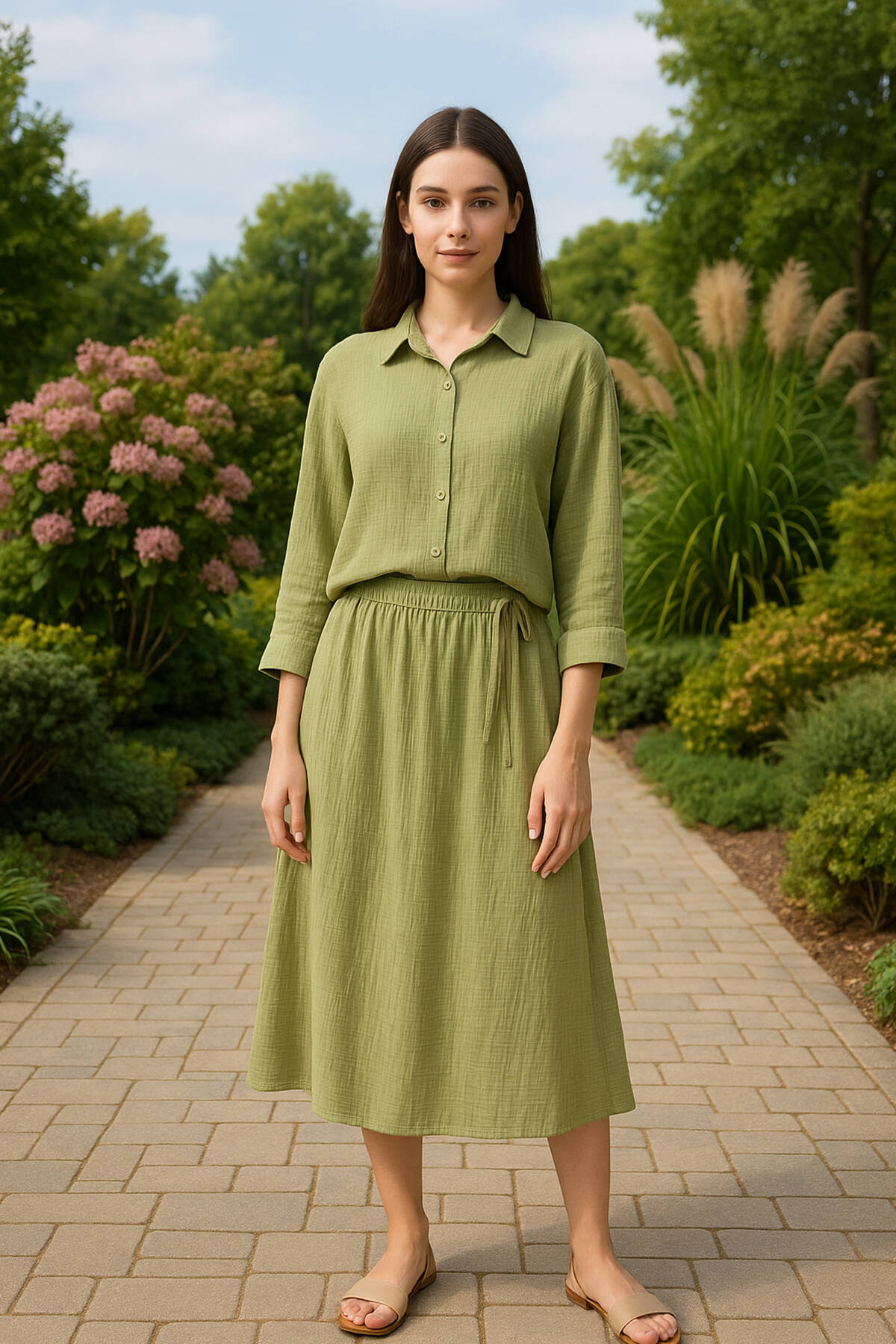 Yeşil Gömlek Yaka Geniş Kol Etekli Takım 422229.07 - Ardanewline