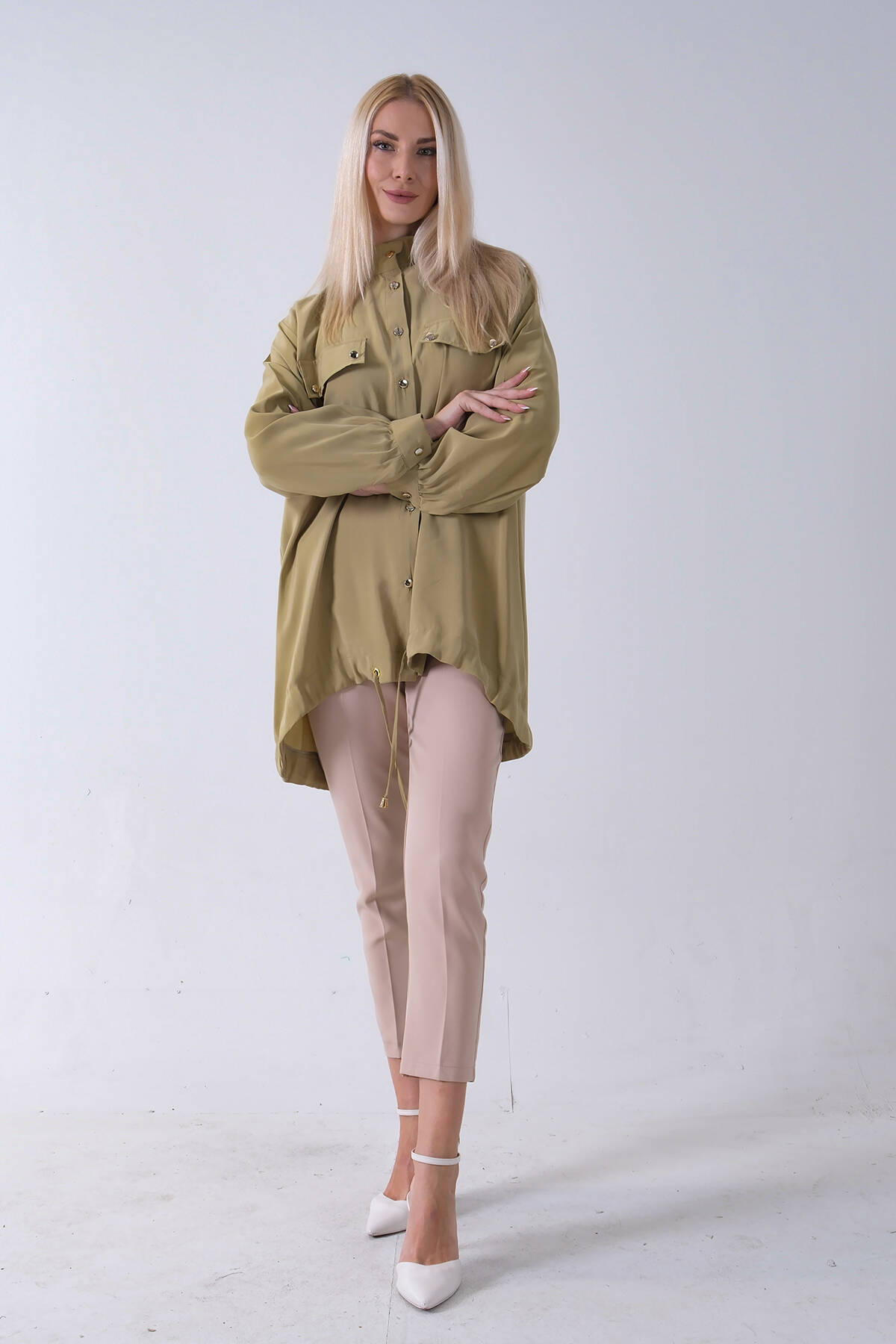 Yeşil Hakim Yaka Cep Kapak Detaylı Etek Ucu İpli Tunik 3972106.07 - Ardanewline