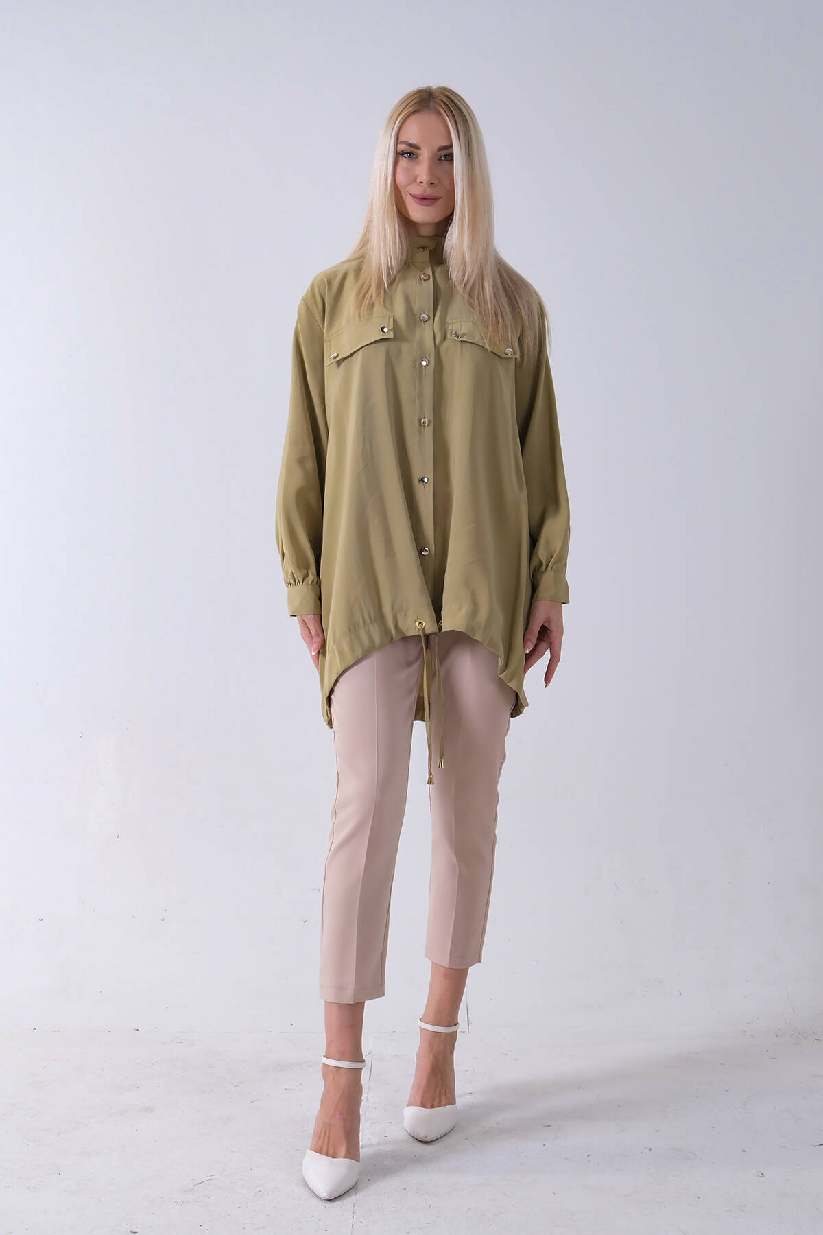 Yeşil Hakim Yaka Cep Kapak Detaylı Etek Ucu İpli Tunik 3972106.07 - Ardanewline (1)