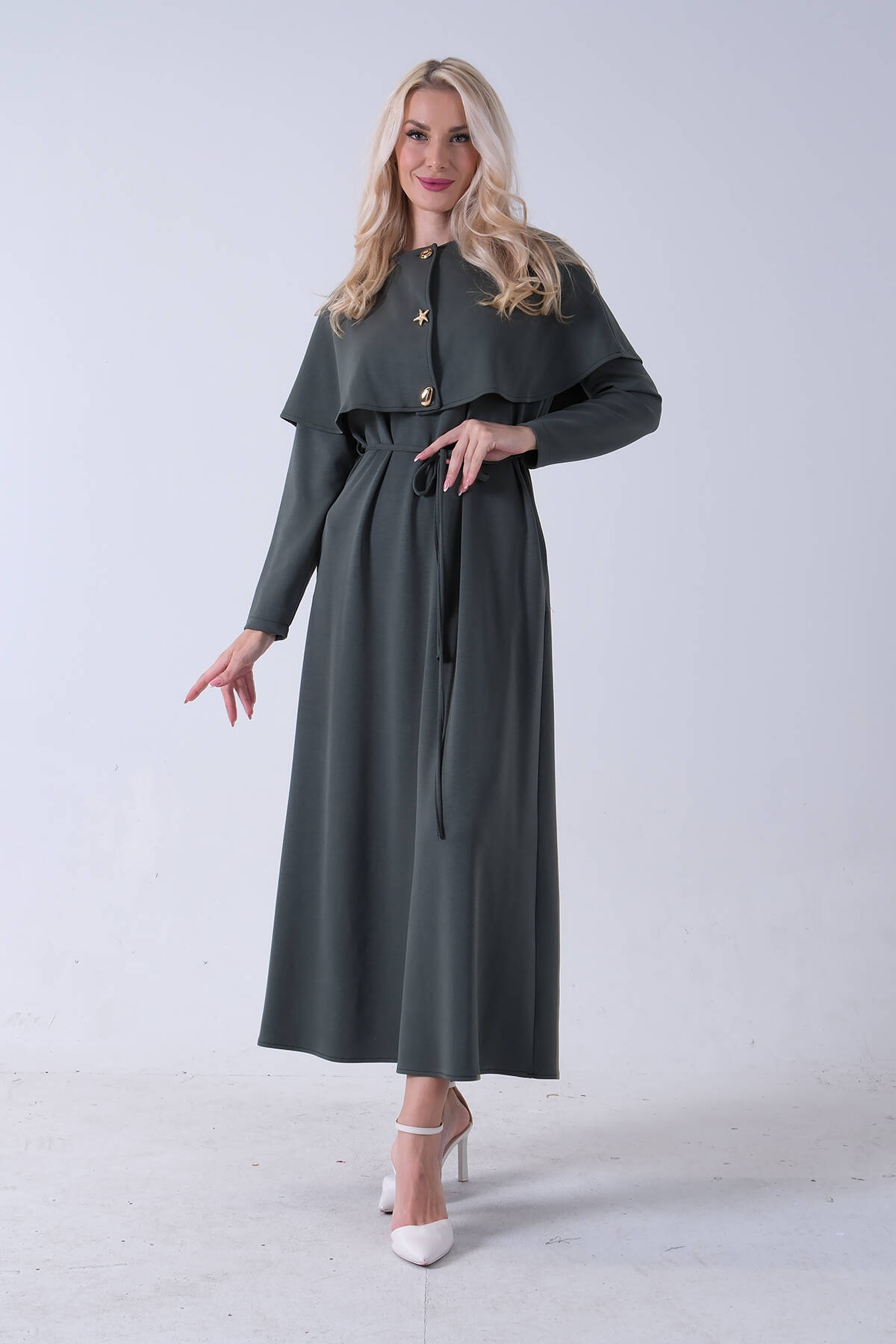 Yeşil Üzeri Kendinden Şallı Kemer Bağlamalı Tesettür Elbise 4571581.07 - Ardanewline