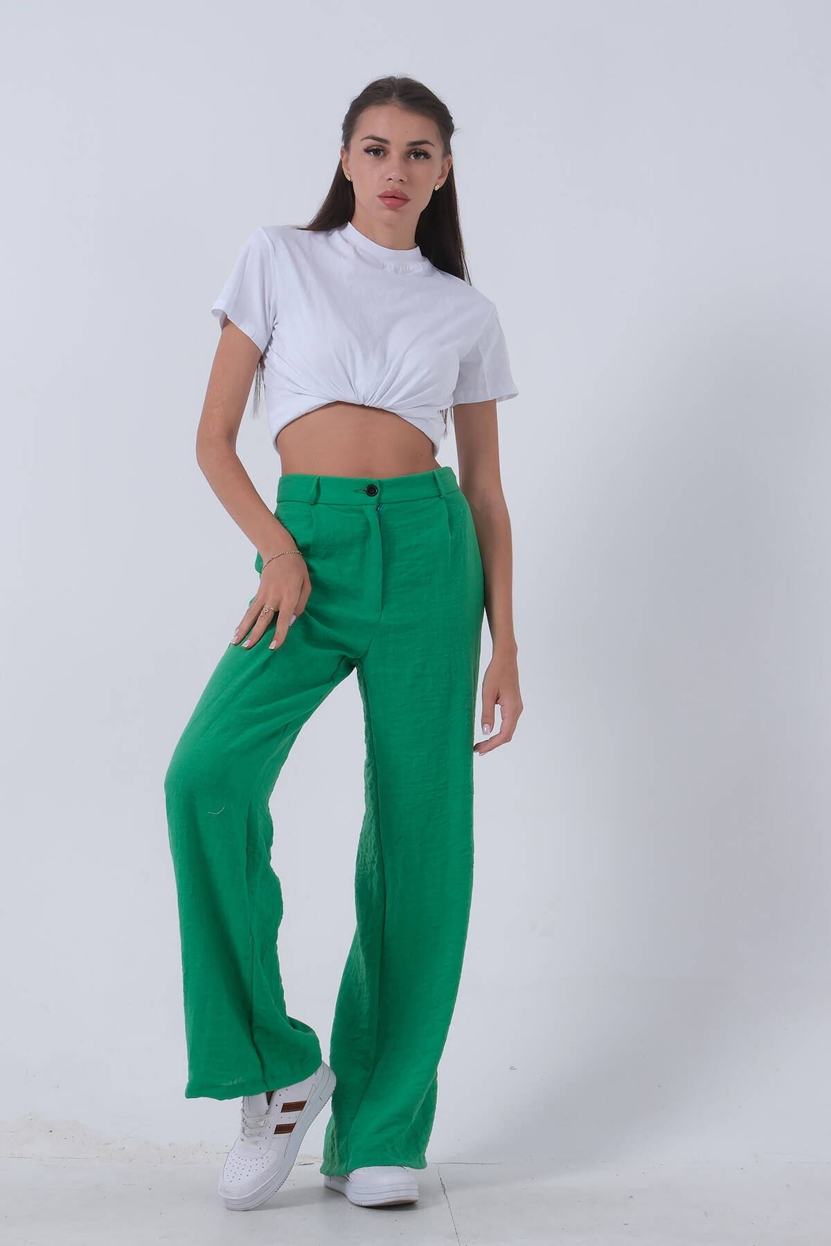Yeşil Yüksek Bel Bol Paça Keten Pantolon 01020661.07 - Ardanewline
