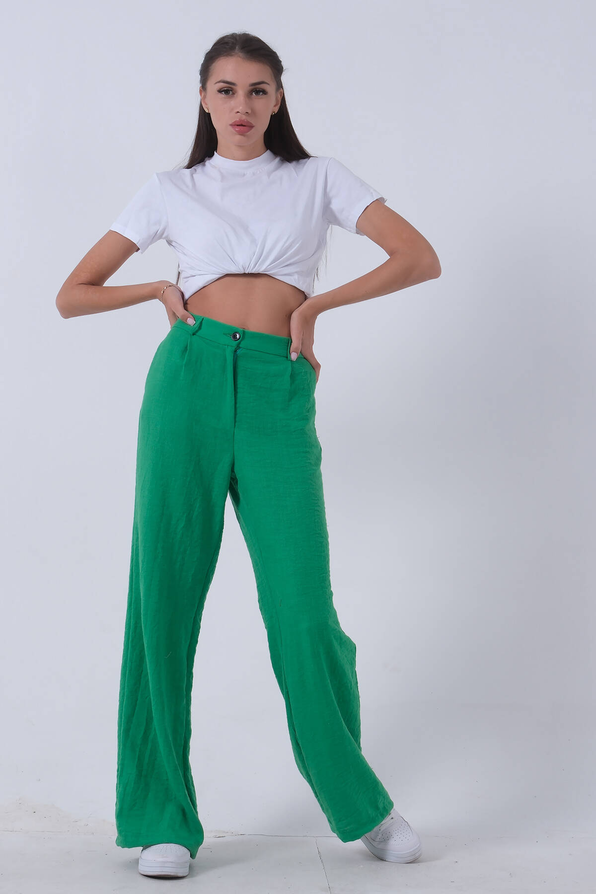 Yeşil Yüksek Bel Bol Paça Keten Pantolon 01020661.07 - Ardanewline (1)