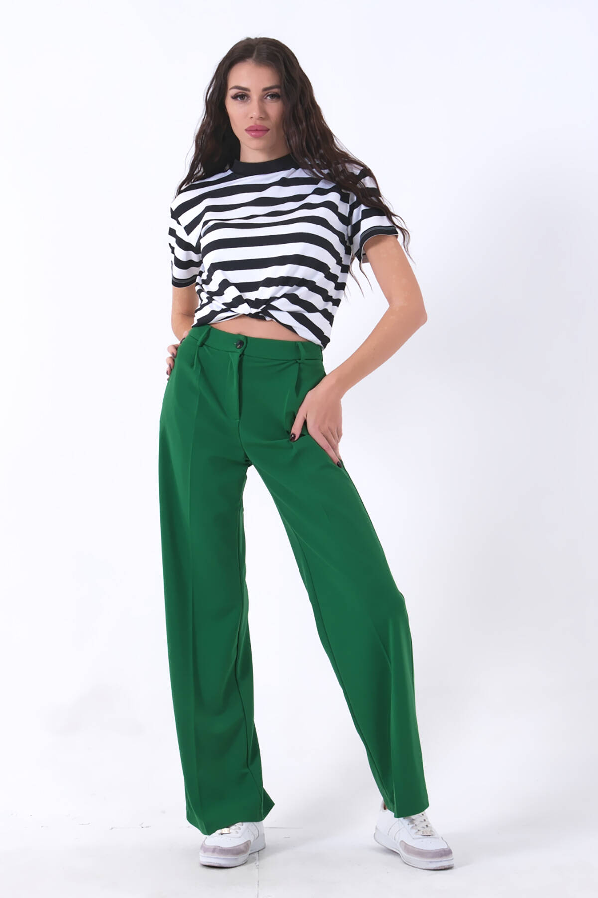 Yeşil Yüksek Bel Pileli Palazzo Pantolon 0102066.07 - Ardanewline (1)