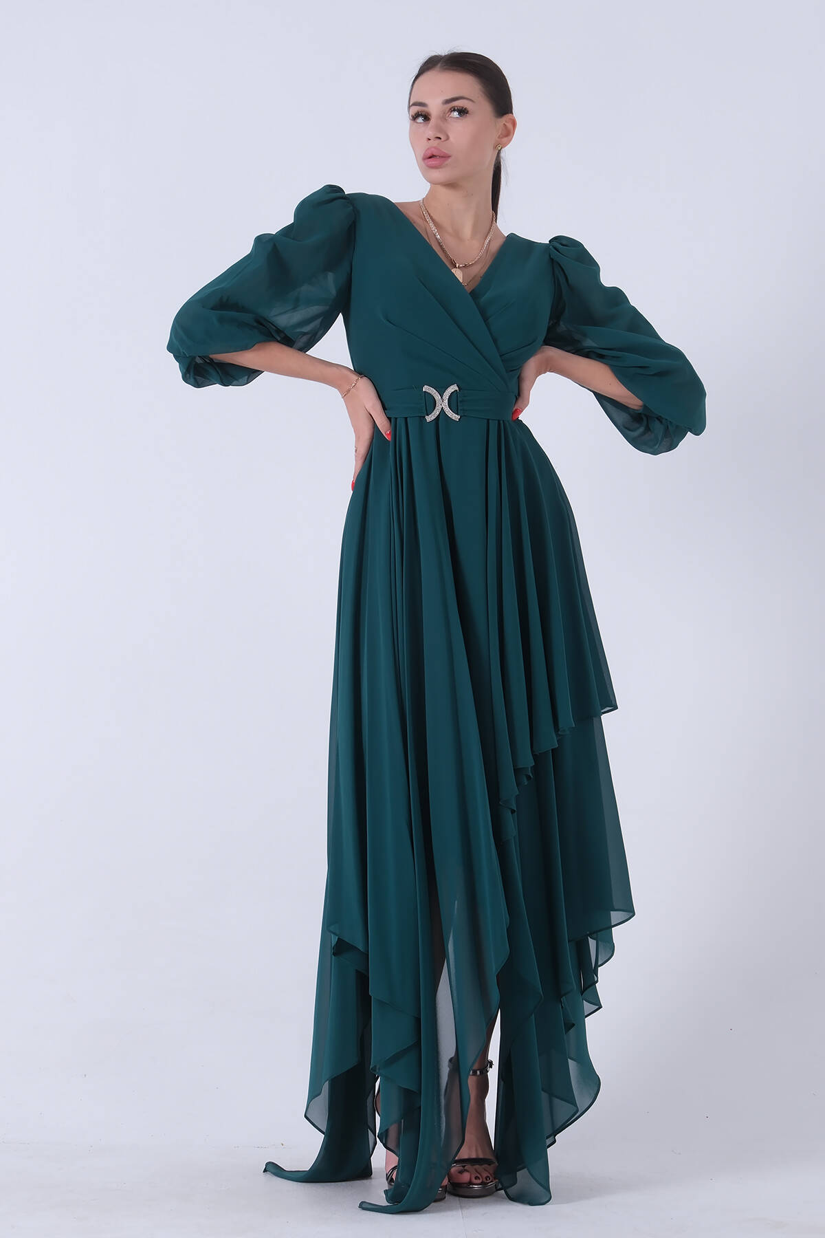 Zümrüt Balon Kol Kruvaze Yaka Asimetrik Kesim Abiye Elbise 6502417.123 - Ardanewline