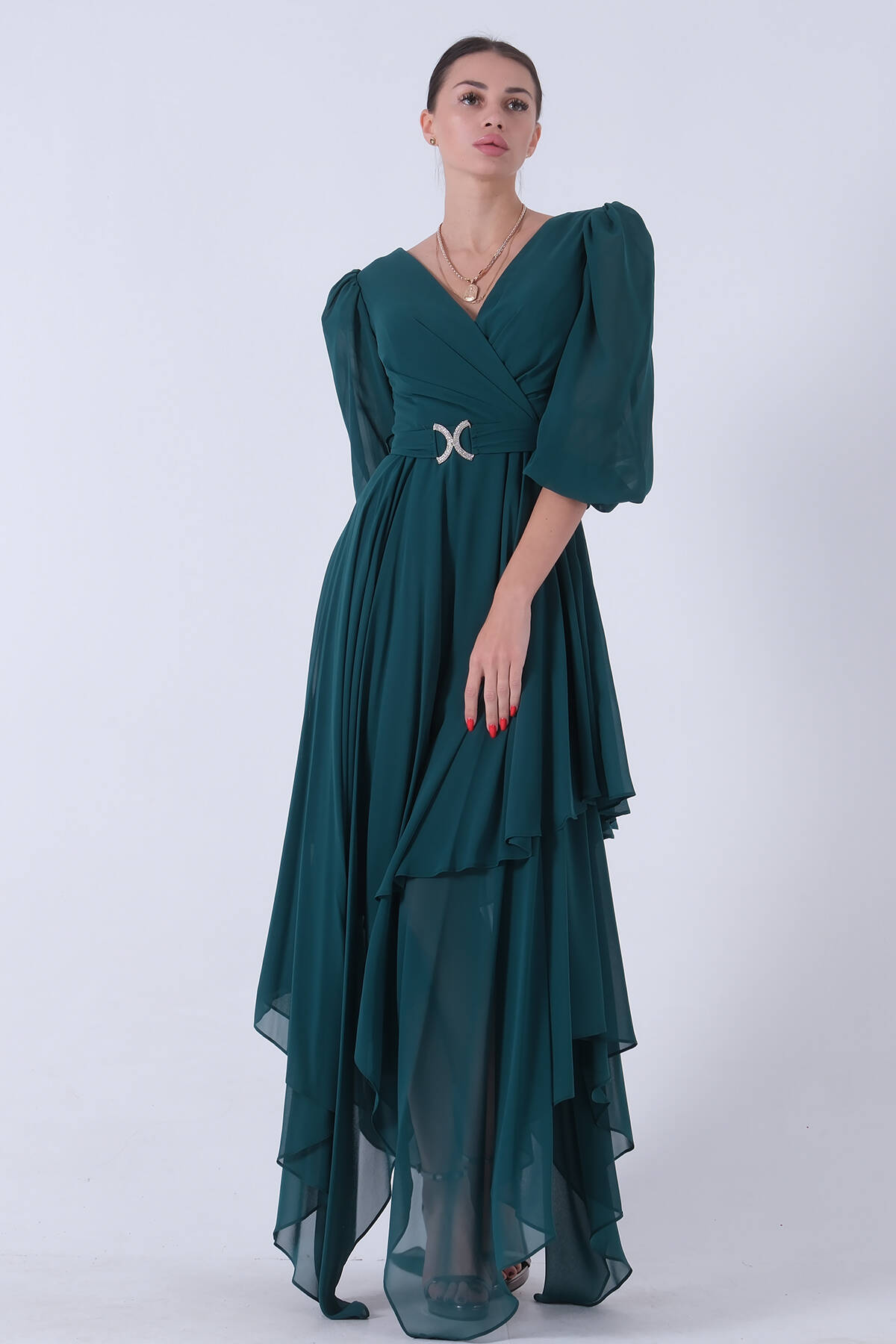 Zümrüt Balon Kol Kruvaze Yaka Asimetrik Kesim Abiye Elbise 6502417.123 - Ardanewline (1)