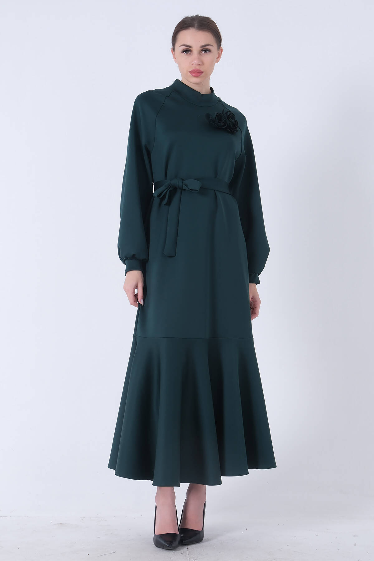 Zümrüt Bisiklet Yaka Belden Kuşaklı Elbise 4593266.123 - Ardanewline (1)