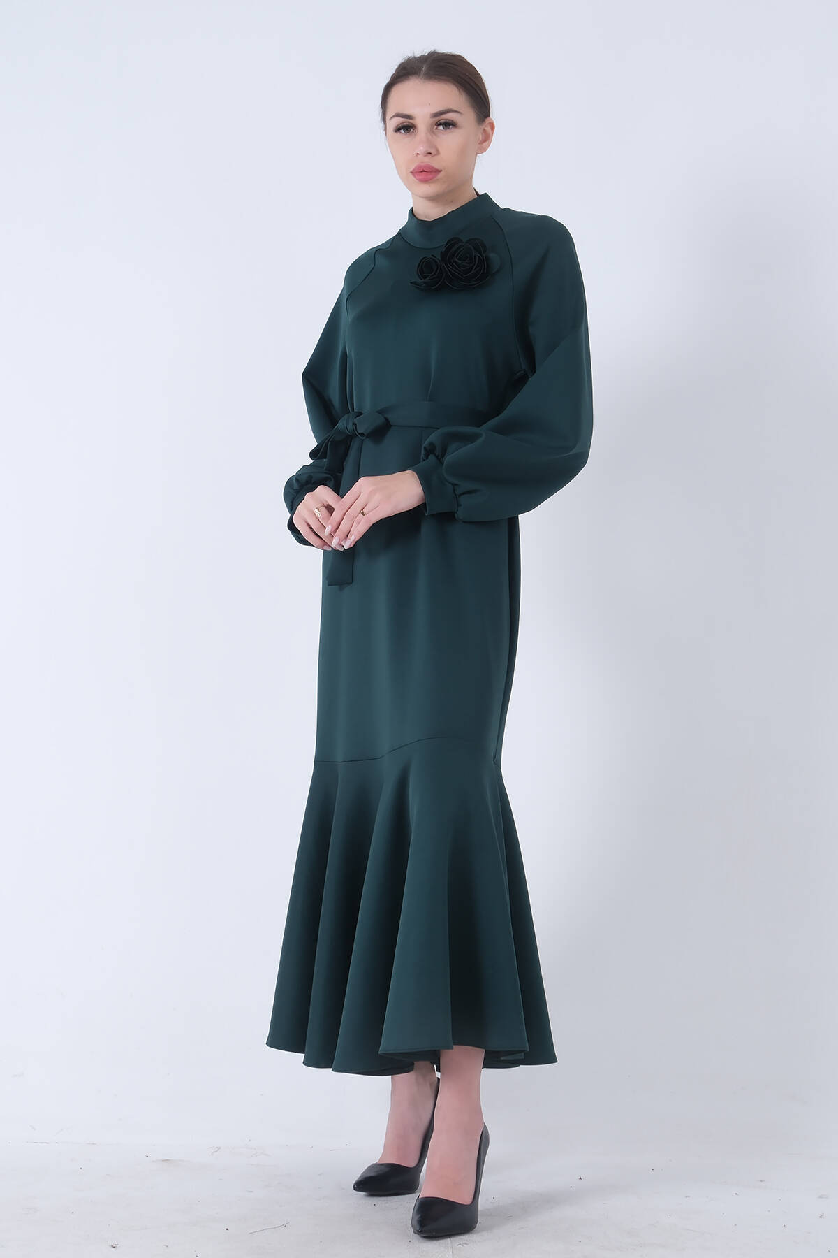 Zümrüt Bisiklet Yaka Belden Kuşaklı Elbise 4593266.123 - Ardanewline