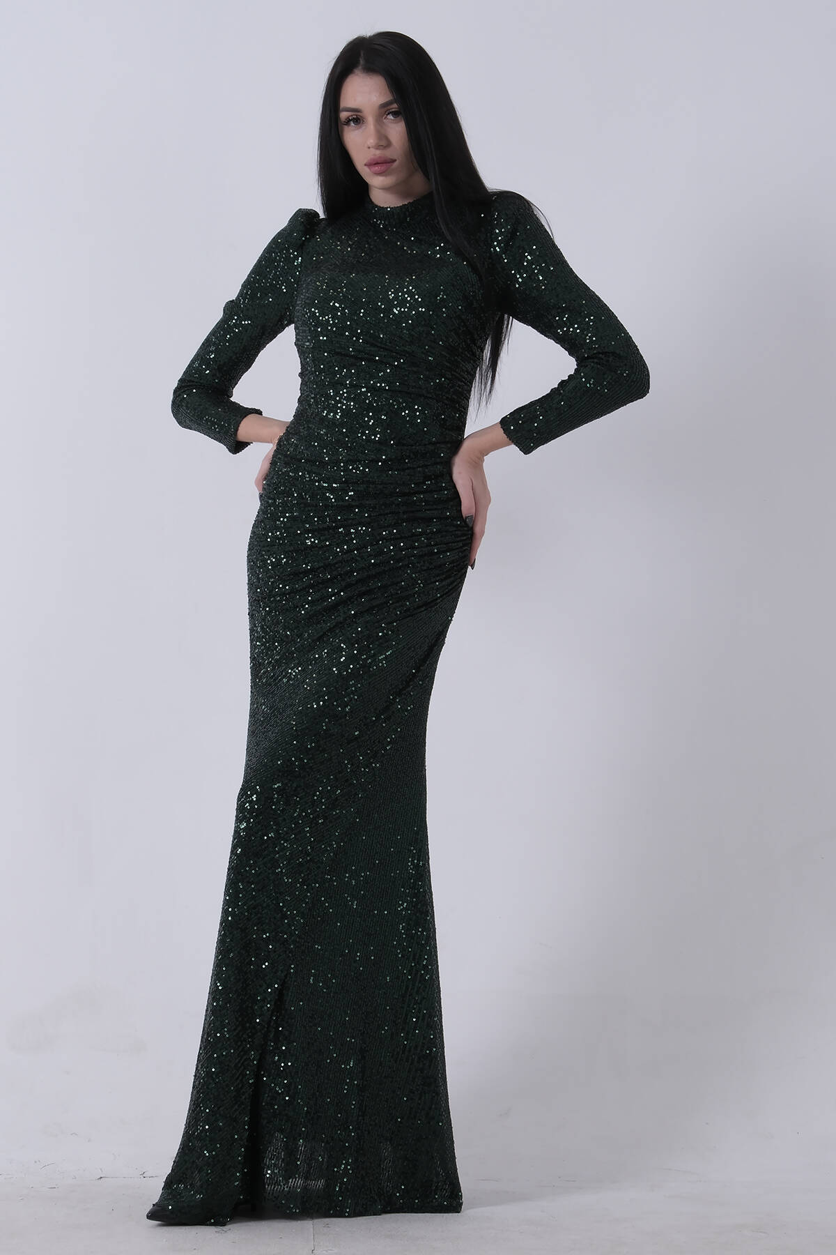 Zümrüt Bisiklet Yaka Pul Payetli Yırtmaçlı Abiye 0801057.123 - Ardanewline