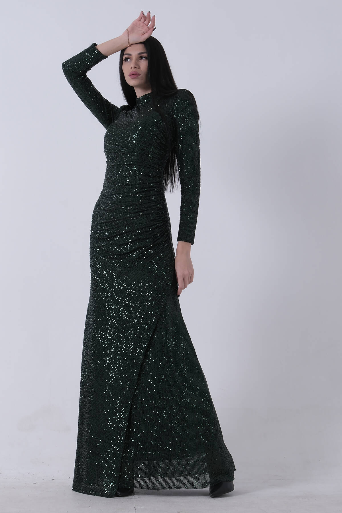 Zümrüt Bisiklet Yaka Pul Payetli Yırtmaçlı Abiye 0801057.123 - Ardanewline (1)