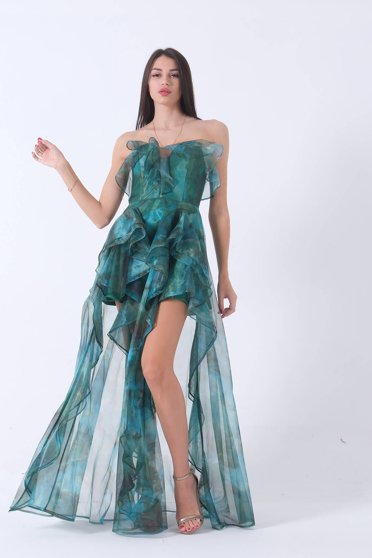 Zümrüt Fırfırlı Tül Şifon Abiye Elbise 0802000.123 - Ardanewline